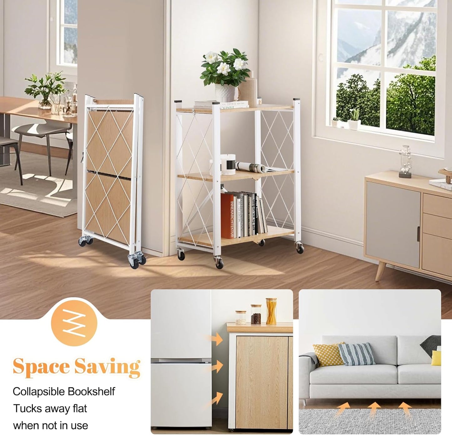 BAOYOUNI 3-Tier Vintage Industrial Bookshelf - No Assembly Folding Storage Shelf with Woodgrain Finish | Collapsible Metal Bookcase for Living Room, Office & Bedroom