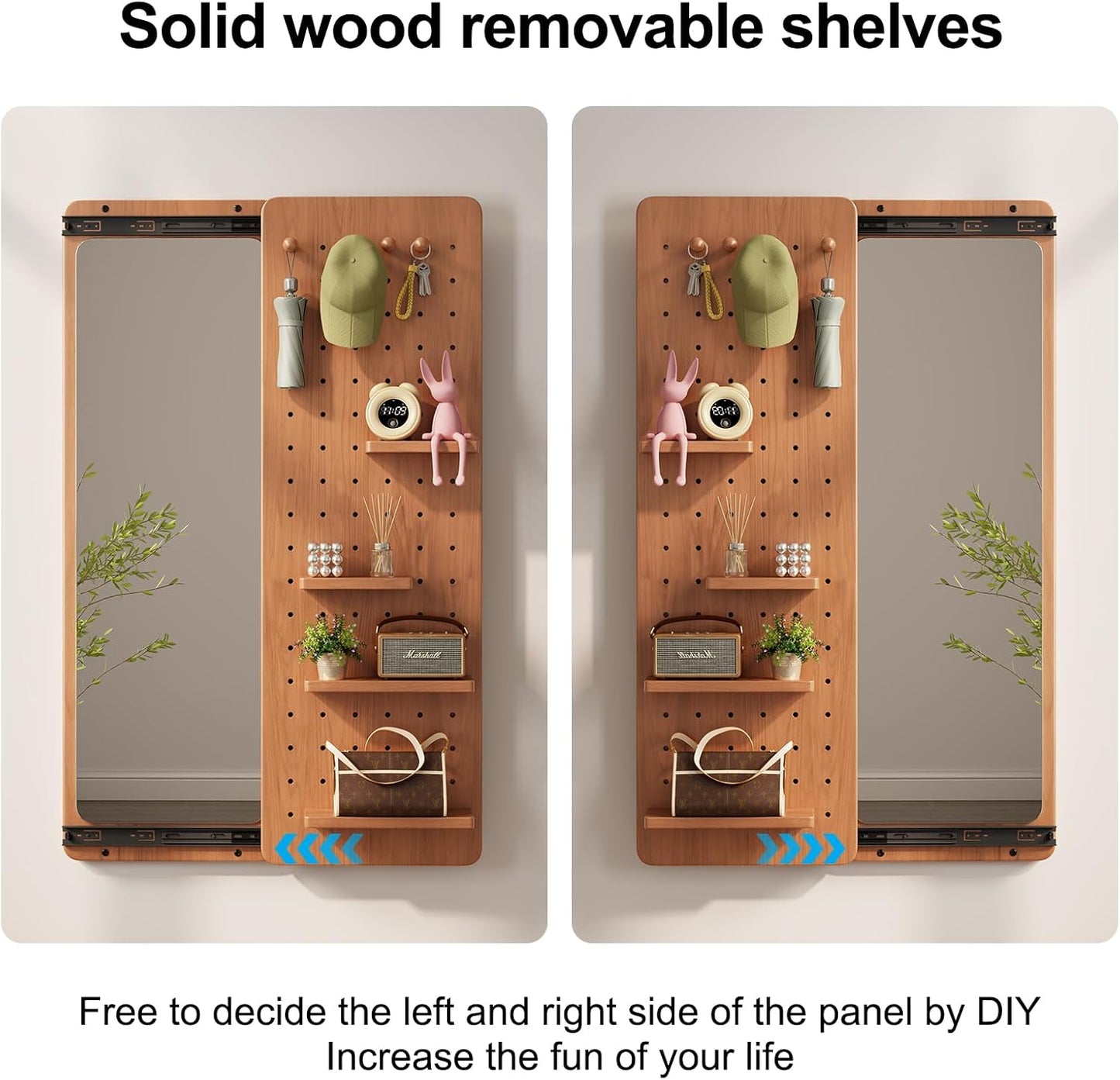 KungFuWood Full Length Mirror with Shelf and Hooks,Entry Way Mirrors for Wall,Wall Mirror with Shelf,Wall Mirror with Storage Multifunctional Design Panel,Living Room