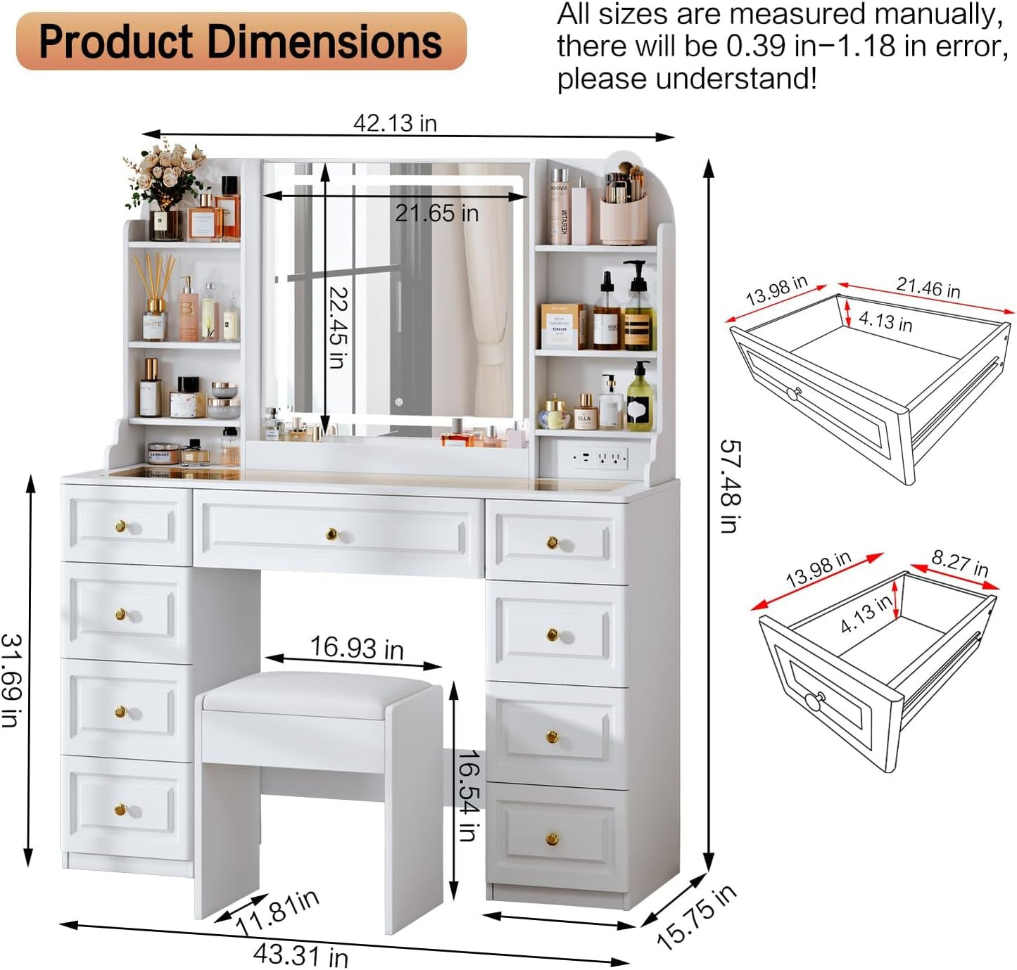 42" Makeup Vanity Desk with Mirror and Lights, & Power Outl, Glass Top Big Vanity Table with 9 Drawers& 8 Storage Shelves, Dressing Table Set with Chair for Bedroom, White