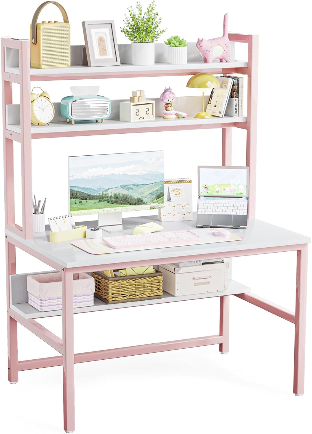 Aquzee Pink Desk with Hutch for Girls, 47in Computer Desk with Bookshelf for Teens Adults, Craft Table for Bedroom Kids Room, White Pink Study Table with Shelves for Storage