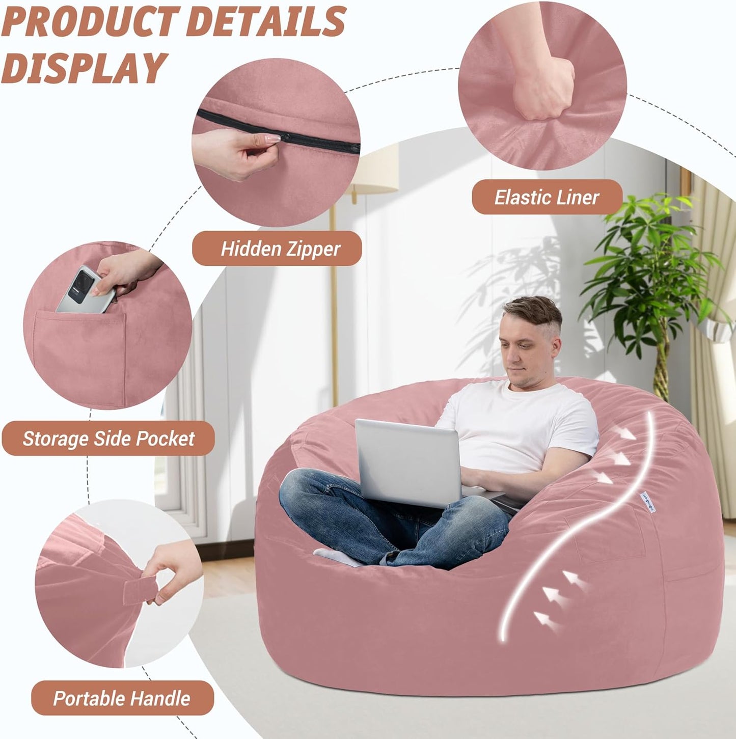 3FT Bean Bag Chair with Ultra Soft Velvet Cover Bean Bag Sofa with Memory Foam Bean Bag Chairs with Large Size Lazy Sofa for Dorm Office Living Room Bedroom Dusty Pink 3'