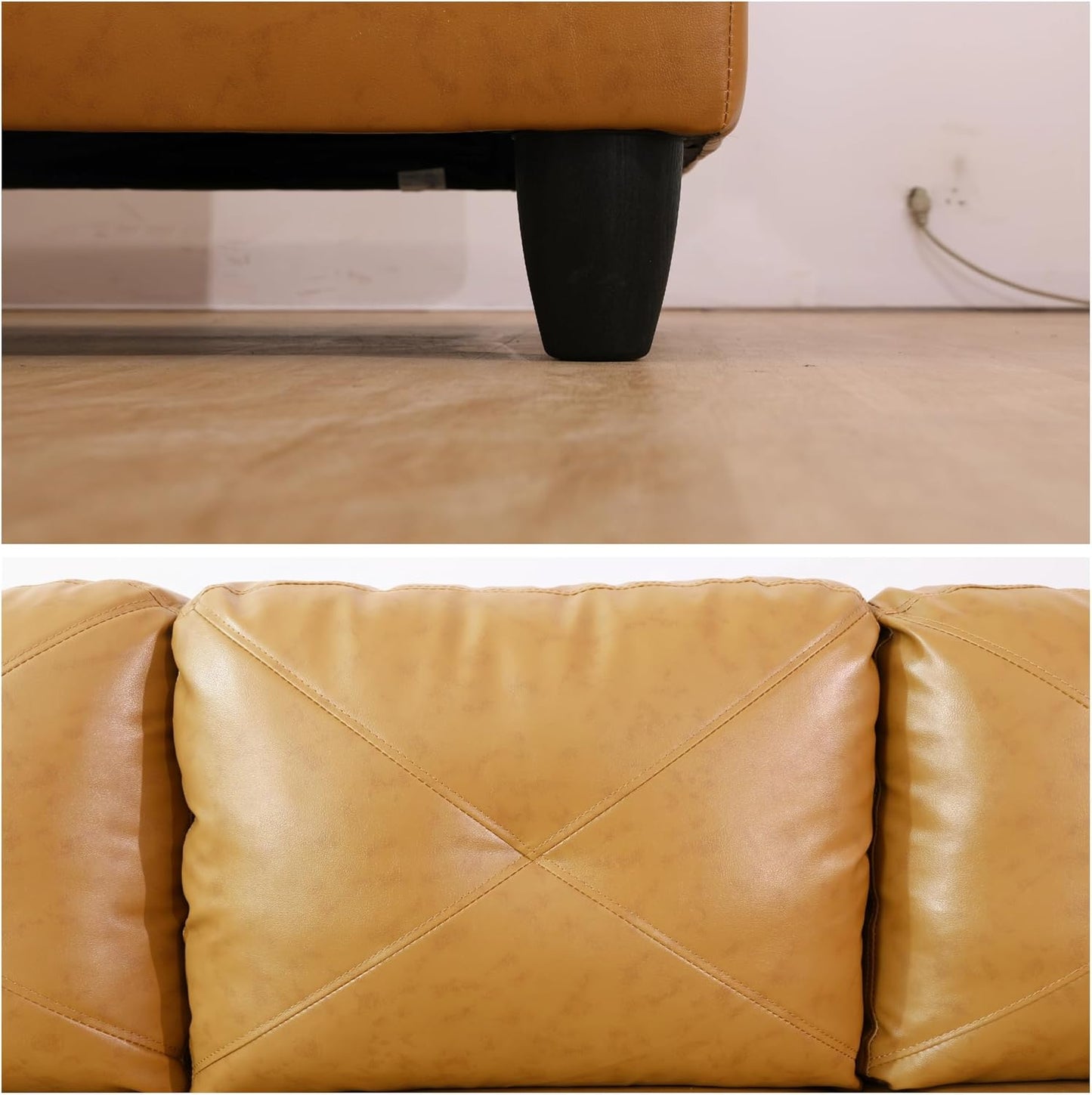 L-Shaped Sectional Sofa with Ottoman, Right-Facing Leather Modern Couch for Living Room, Bedroom, Office, Ginger Black