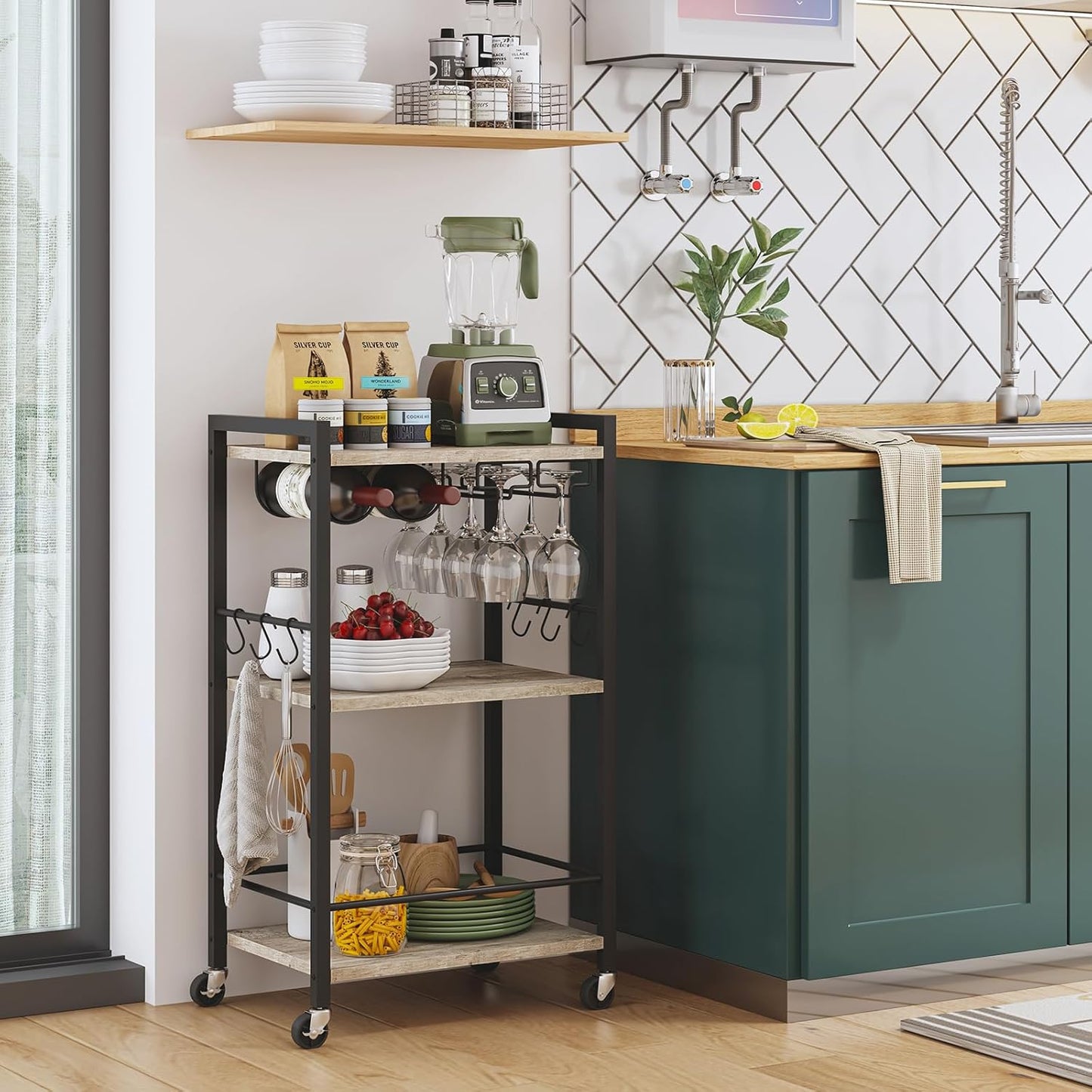 TUTOTAK Bar Cart, Home Bar Serving Cart, Small Wine Cart with 3-Tier Shelf, Beverage cart, Drink Cart with Wine Rack and Glass Holder, Rolling bar carts for The Home, Living Room, Greige BC01BG035