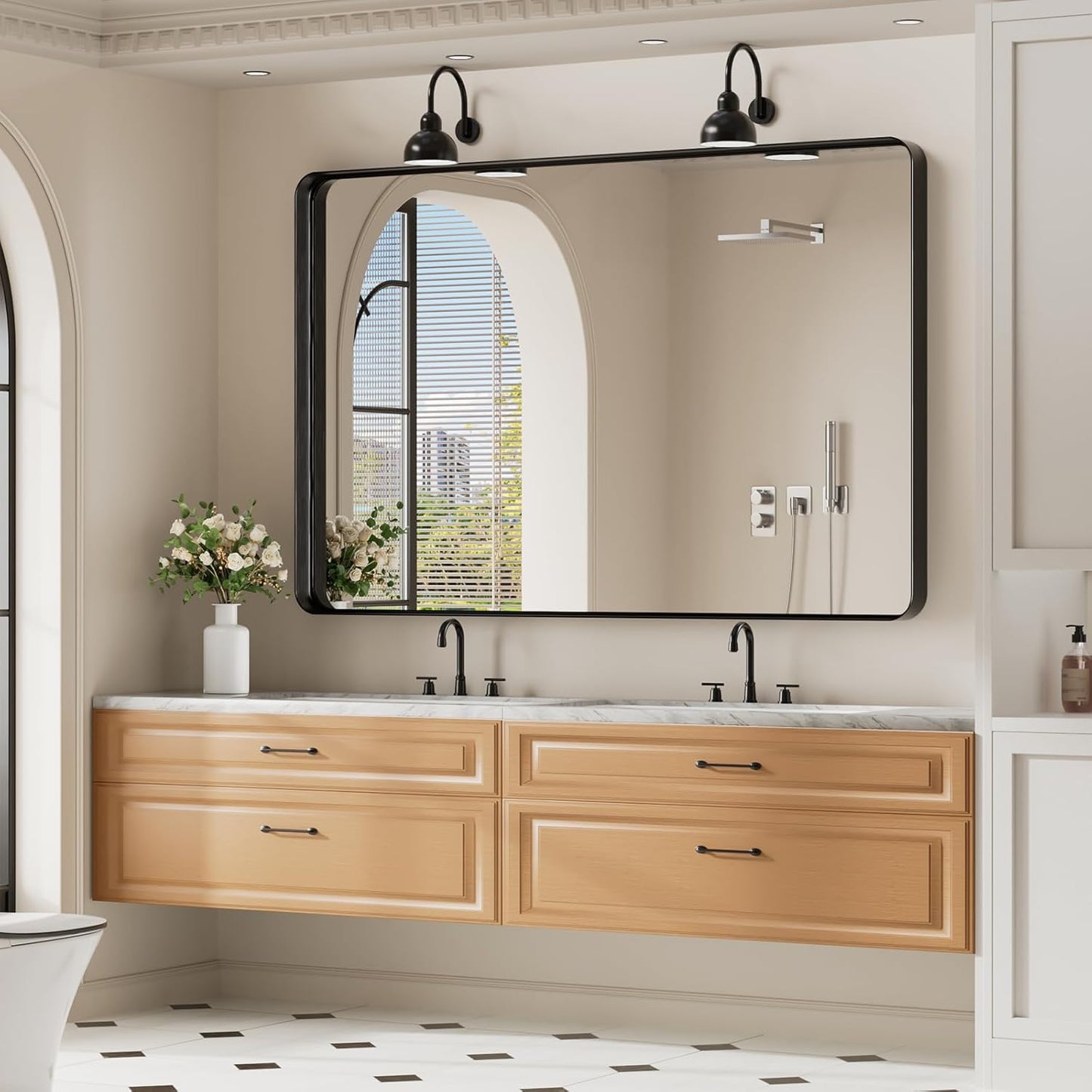 Koonmi Black Wall Mirror for Bathroom, 36x55 Inch Matte Deep Framed Rounded Rectangle Vanity Mirror for Farmhouse Living Room, Tempered Glass, Anti-Rust, Vertically or Horizontally