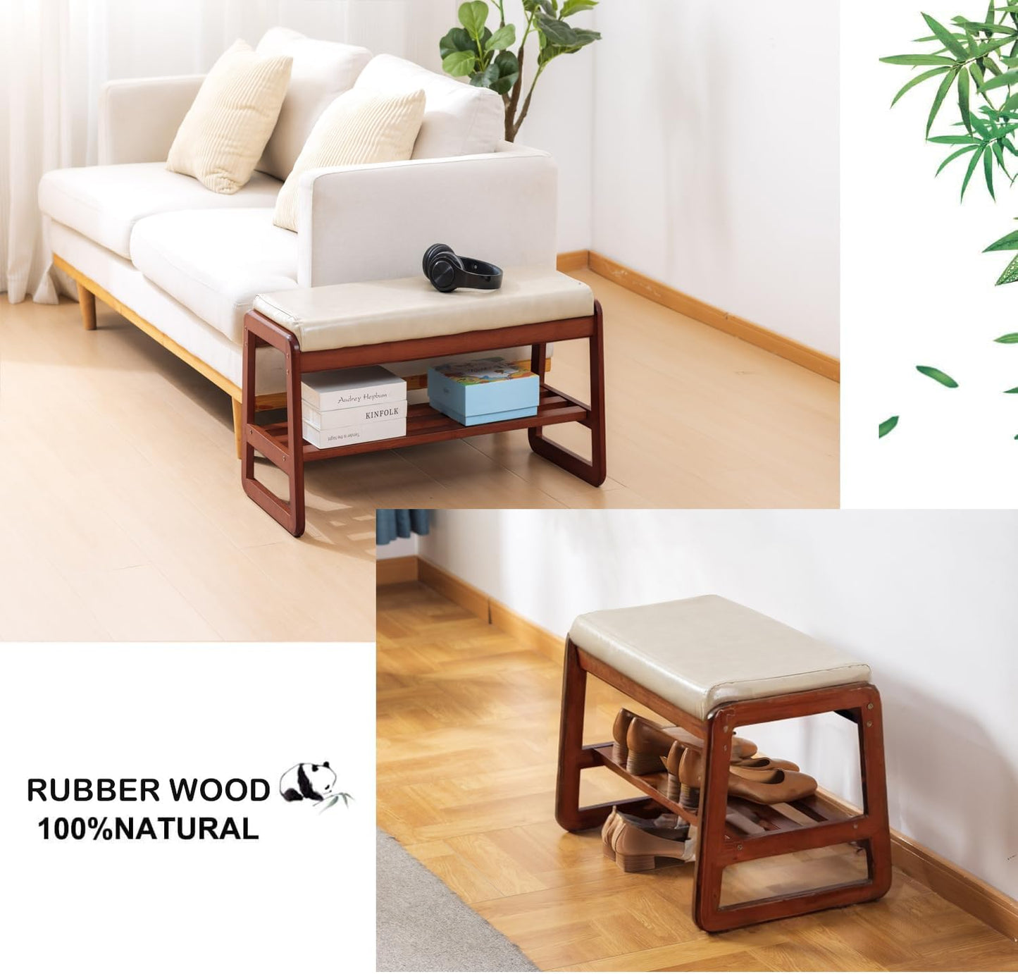 latifolia Solid Wood Bench, Entryway Shoe Bench with Cushion, 2 Tier Shoe Storage Organizer for Hallway, Living Room(Grey,21.65''L)