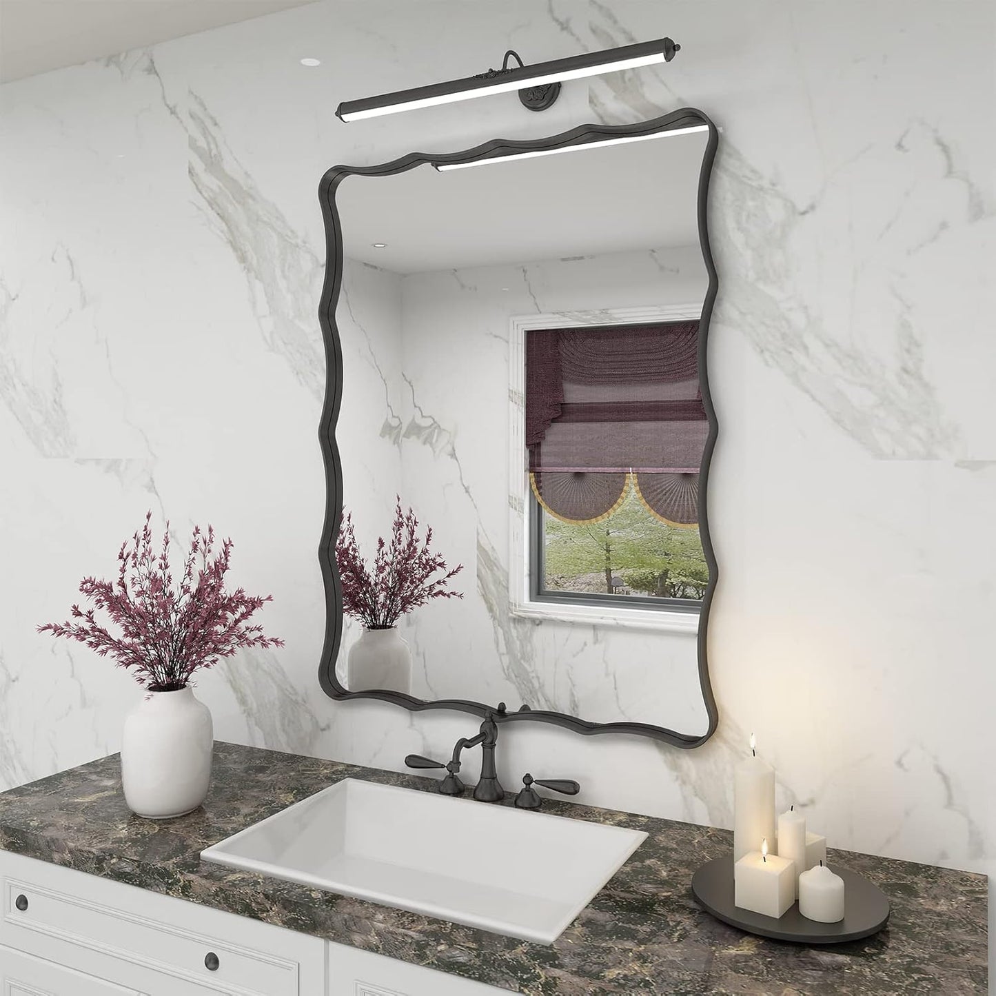 24x32 Black Bathroom Mirror for Wall, Rectangle Framed Mirror for Bathroom, Decorative Wall Mirror with Wavy Frame, Anti-Rust(Horizontal/Vertical)