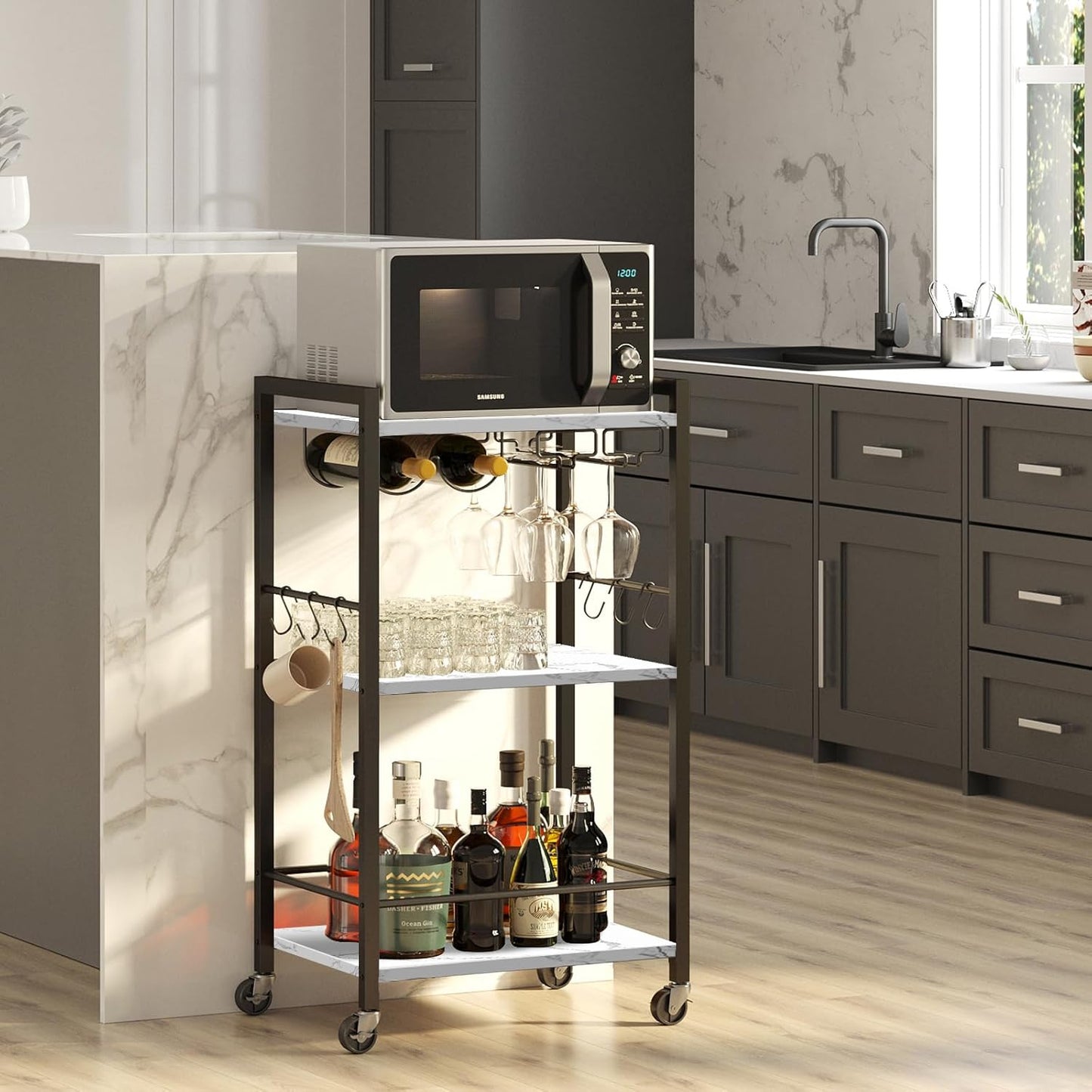 TUTOTAK Bar Cart, Home Bar Serving Cart, Small Wine Cart with 3-Tier Shelf, Beverage cart, Drink Cart with Wine Rack and Glass Holder, Rolling bar carts for Home, Living Room, Marble White BC01BM035