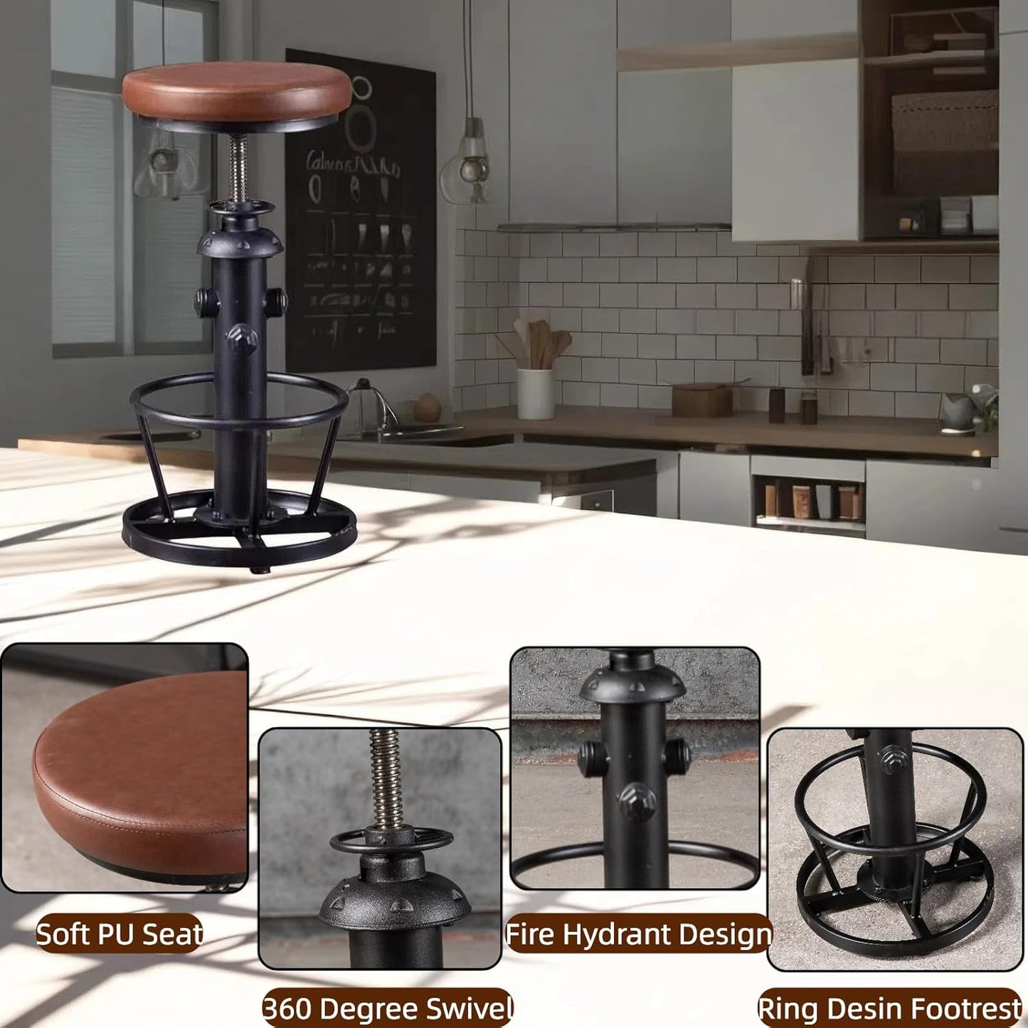 Farmhouse Bar Stools Swivel PU Seat 24-30inch Counter Height Adjustable Kitchen Island Dinning Stool Guest Chair Fire Hydrant Design