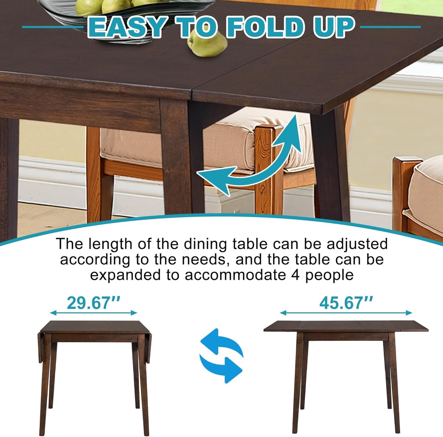 29"- 45" Extendable Dining Table for 2-4, Folding Square Dinner Table Small Kitchen Dining Room Tables with Wood Legs for Small Space, Kitchen, Living Room, Dark Brown