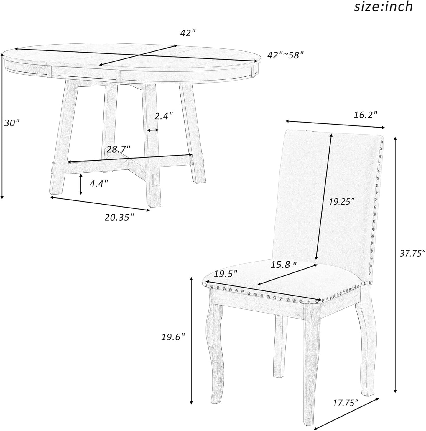 Ball & Cast 5 Piece Dining Table Set with 4 Upholstered Curved Legs Chairs,Living Room Furniture W/ 43" Round Extendable Desk,for Restaurant,Home Bistro,Oak Natural Wood + Antique White