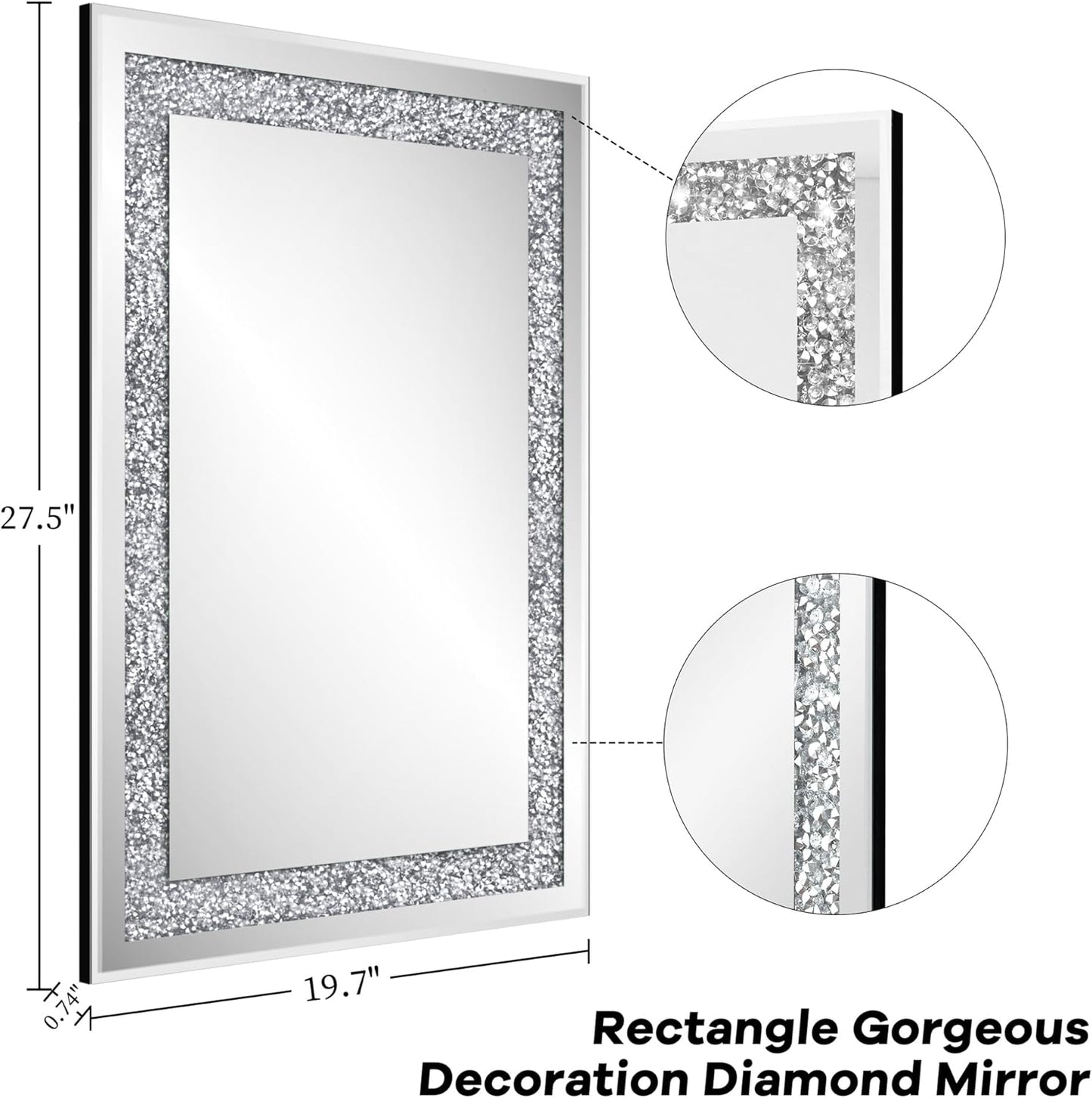 Crystal Decorative Mirror-28 x20 Rectangle Gorgeous Silver Mirror, Crush Diamond Mirror for Wall Decoration Bedroom, Hallway, Dining Room