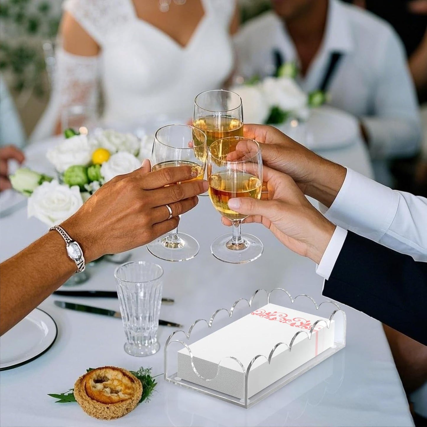 LUGUNU Clear Acrylic Napkin Holder – Scalloped Tray for Bathroom, Kitchen, Dining Room – Stylish Guest Hand Towel & Disposable Paper Holder for Weddings, Hotels, and Home Decor (9x5.1x2.4 inch)