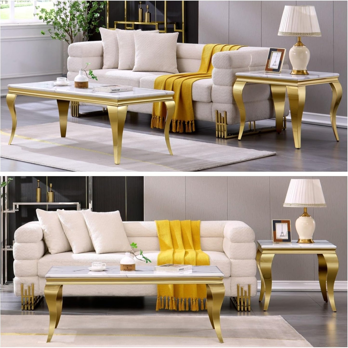 Gold End Table, Modern Square Living Room End Table with Mirrored Stainless Steel Cabriole Legs