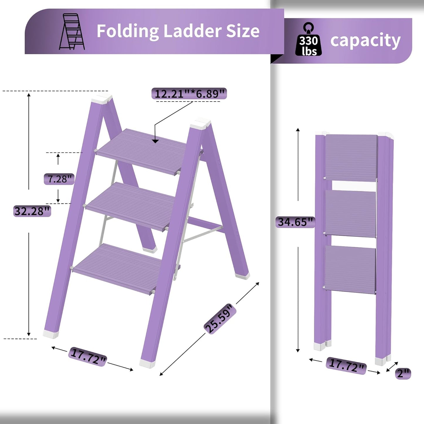 3 Step Lightweight Folding Ladder for Home, 330lbs Aluminum Step Ladder Anti-Slip for Kitchen, Step Stool Foldable Adults for Closet, 330lbs - Purple