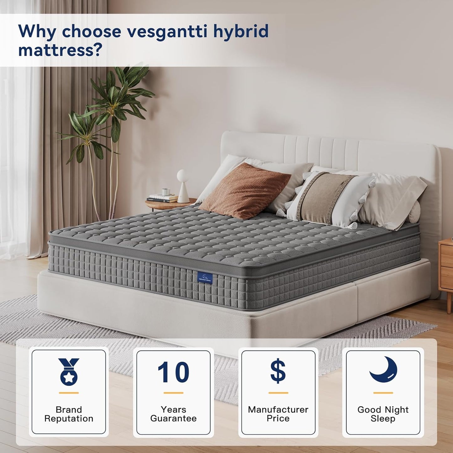 Vesgantti 10 Inch Multilayer Hybrid Queen Mattress - Multiple Sizes & Styles Available, Ergonomic Design with Memory Foam and Pocket Spring, Medium Firm Feel, Grey