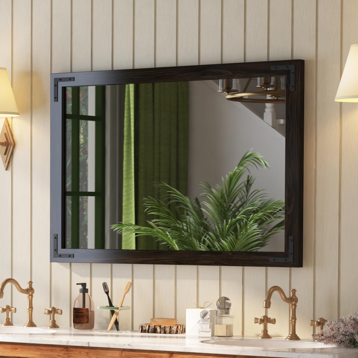 VocalStar Black Wood Framed Mirror 28 x 40 Inch, Rustic Natural Black Wooden Rectangle Bathroom Vanity Wall Mirror for Farmhouse Boho Decor, 1/4-inch Shatterproof Glass | Waterproof