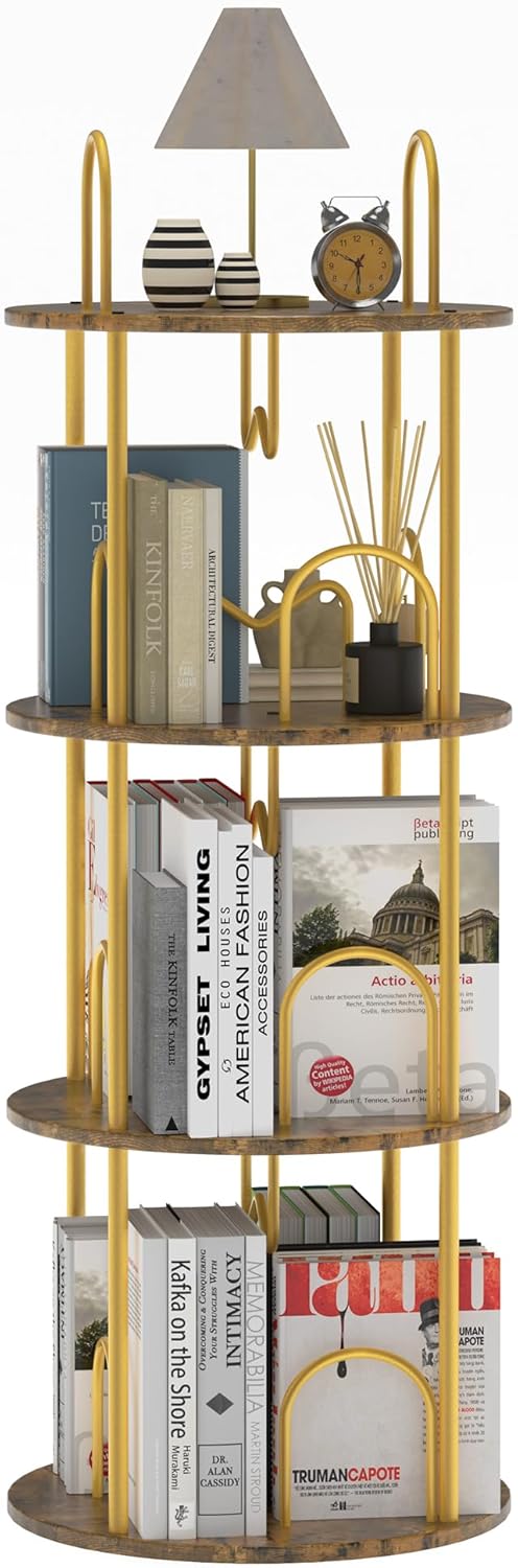 3 Tier Rotating Bookshelf, 360° Spinning Bookshelf Tower, Round Narrow Space Saving for Books and Display, Revolving Bookcase Corner Tall Book Shelf for Small Spaces, Bedroom, Living Room, Gold