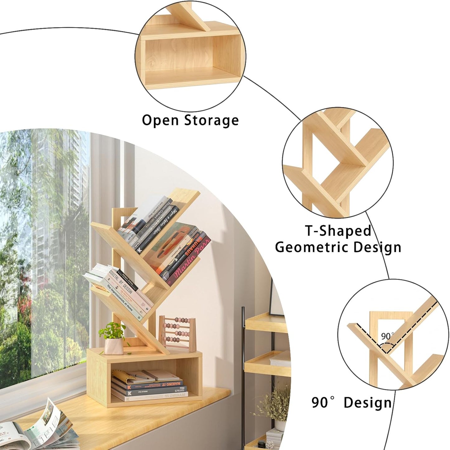 Small Tree Book Shelf,5 Tier Black Tree Bookshelf,Wood Desktop Bookcase,Modern Desk Display Storage Bookshelves,Floor Standing Organizer Bookcases for Living Room,Bedroom,Office