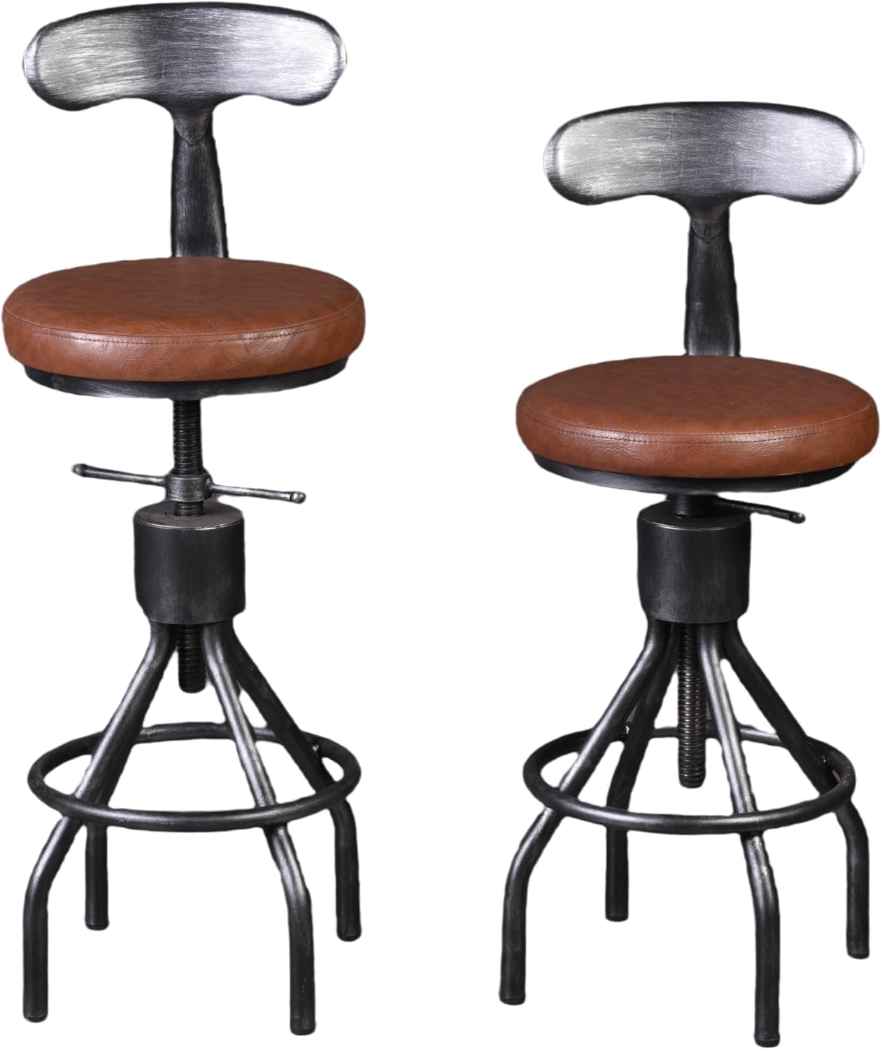 LOKKHAN Set of 2 Industrial Leather Bar Stools-Adjustable Swivel Metal Bar Stool-24-30 Inch Tall Seat Height Counter Height to Bar Height-Kitchen Stool Dining Chair,Cafe Stools with with Backrest