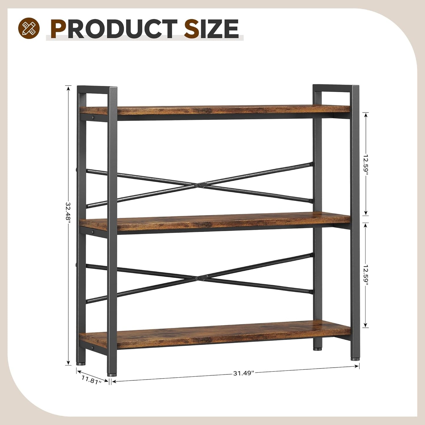 Book Shelf, 3 Tier Bookshelf 31.49" Width, Book Shelf Storage and Organization, Wooden and Metal Industrial Bookcase, Large Book Shelves for Home Living Room Bedroom Office Storage(Vintage)
