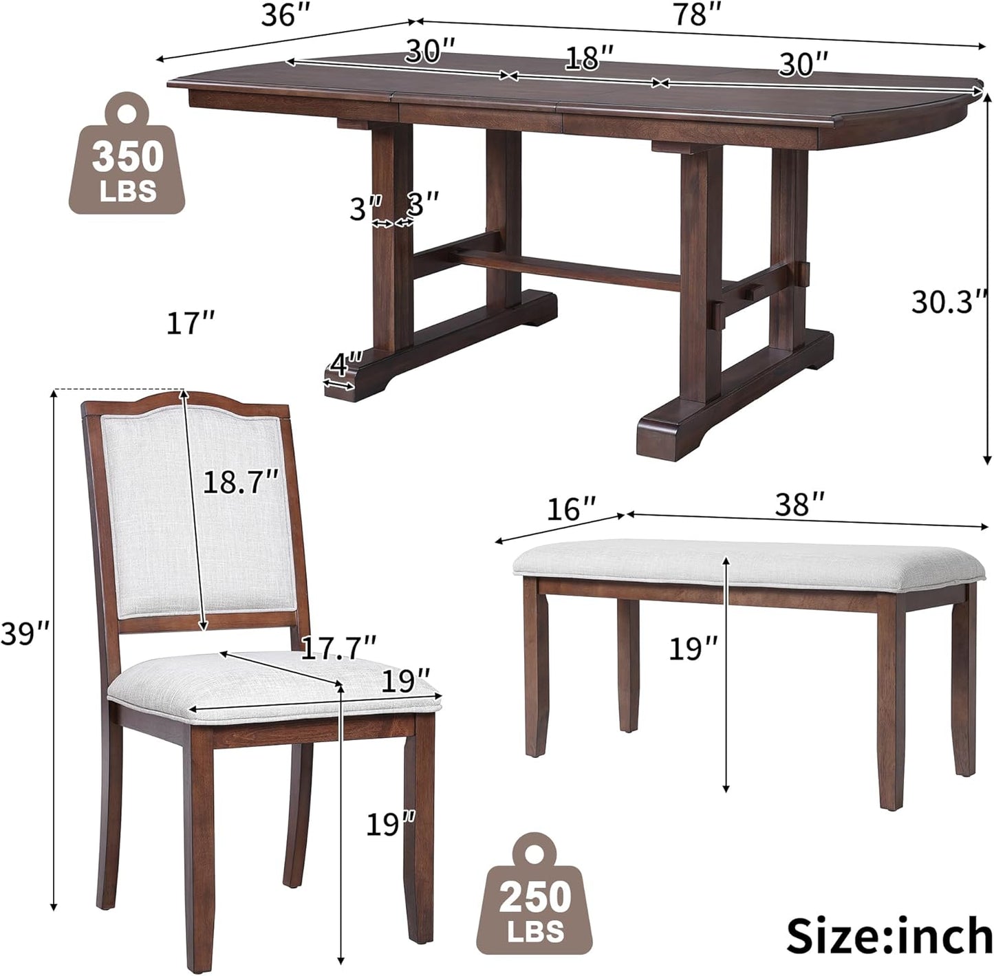 Ball & Cast Dining Table Set for 6,60" to 78" Extendable Wood Dining Table with Removable Leaf,6-Piece Kitchen Table Set W/ 4 Upholstered Chair and 1 Bench,for Dining Room,Kitchen,Restaurant,Cherry
