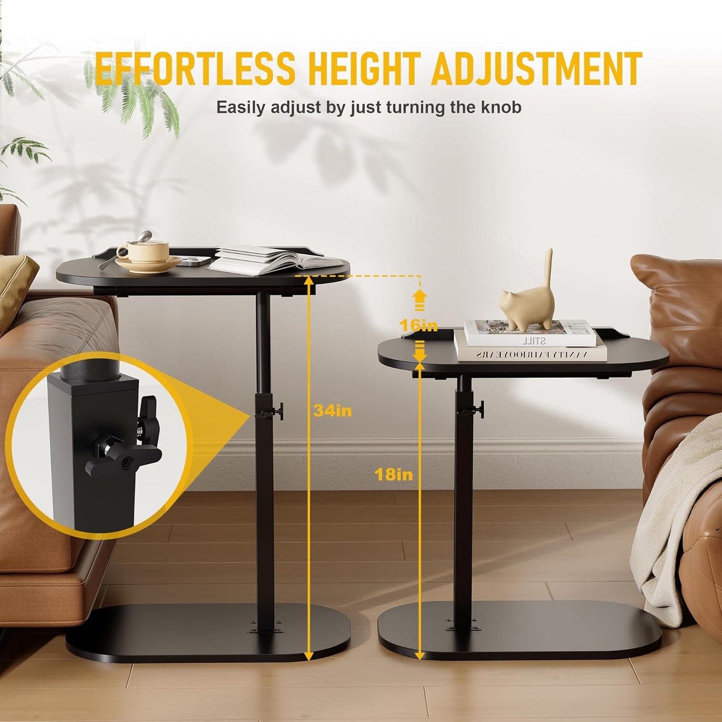 C Shaped End Side Table with Anti-Drop Rod, Adjustable Height & 360° Swivel Snack Table for Couch, Sofa, Bedroom, Living Room, TV Tray Table for Eating, Dinner or Laptop, Small Spaces, Black