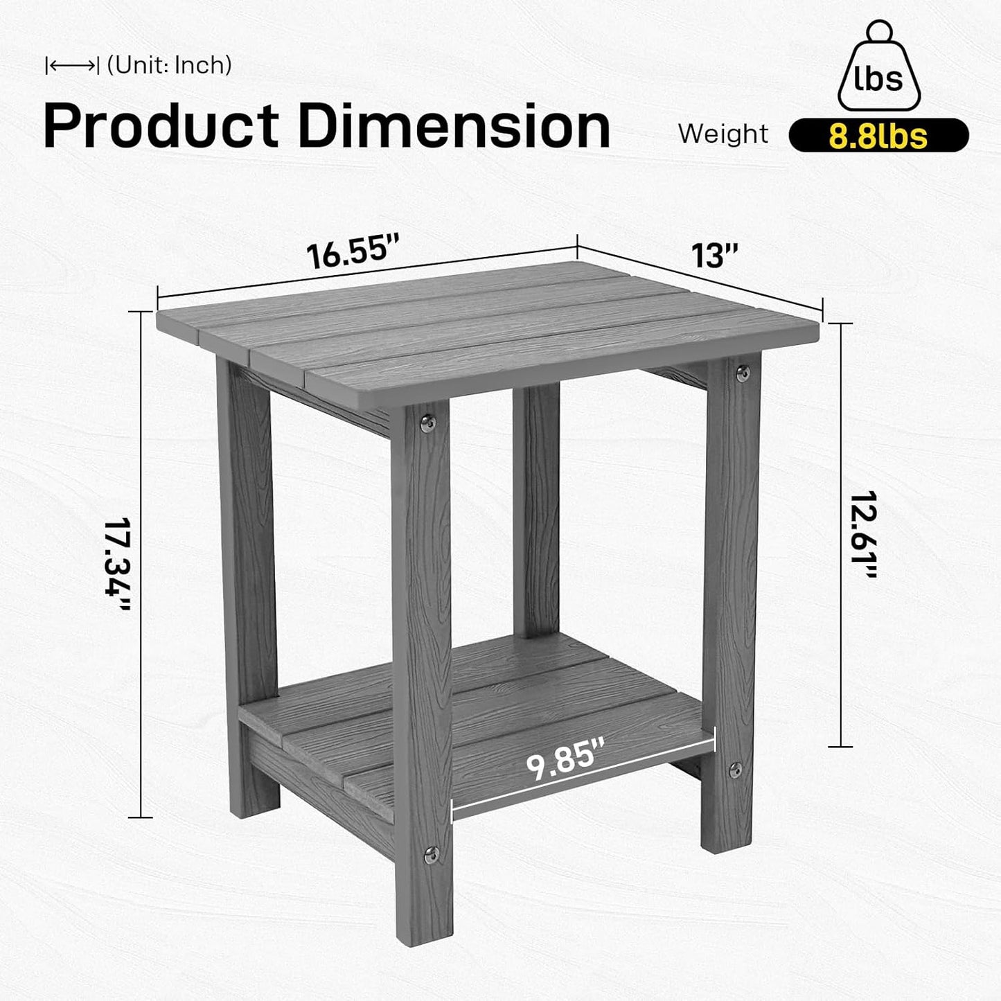Melucivi Weather Resistant Outdoor Side Table, Double Small Adirondack Side Table for Adirondack Chair - Indoor Outdoor End Table, Patio Table for Pool, Deck and Porch (Dark Grey)