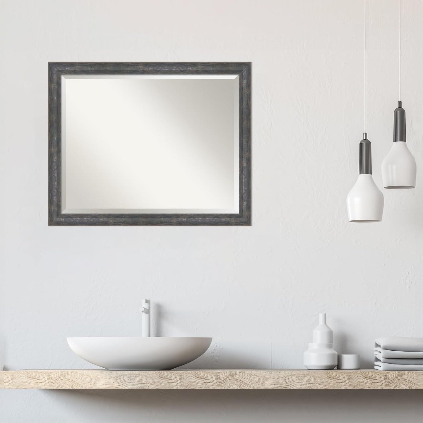 Amanti Art Grey Wall Mirror 25x31 Angled Metallic Rainbow Rectangle Bathroom Mirror for Wall Decor Living Room, Large Modern Contemporary Wood Frame, Hangs Horizonally and Vertically, Bathroom Decor