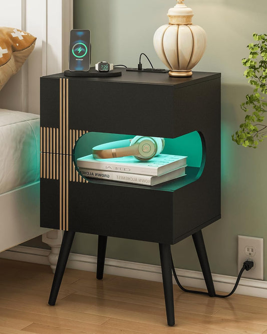 Black Nightstand with Charging Station and LED Lights,Modern Bedside Table with 2 Storage Drawer,Night Stand with Solid Wood Legs,White (Black-2)