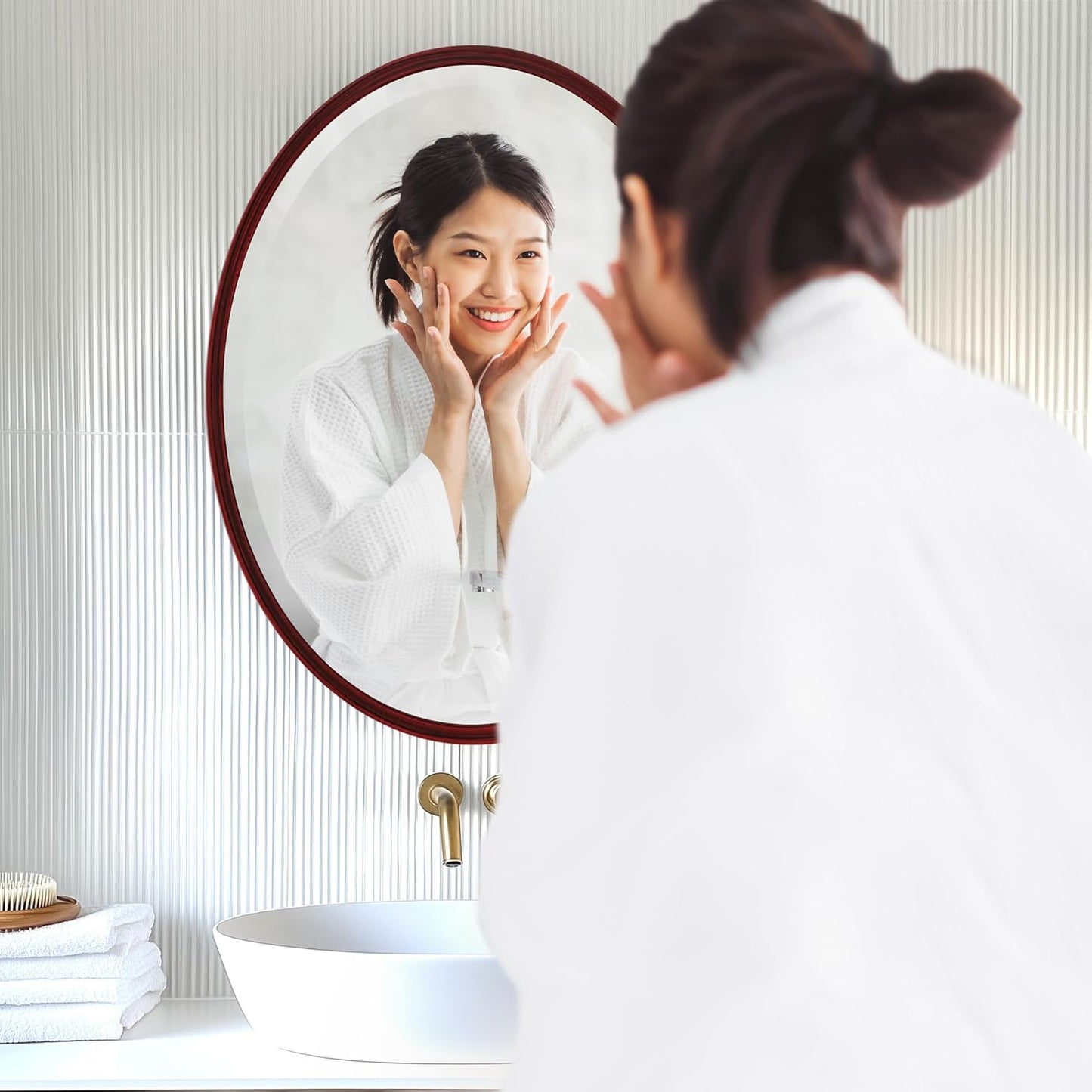 OVALCREST - Oval Wooden Beveled Wall Mirror for Home Decor, Bathroom, Vanity, Bedroom, Living Room, Hallway - London Style (Black Cherry) 25.1 x 31.1