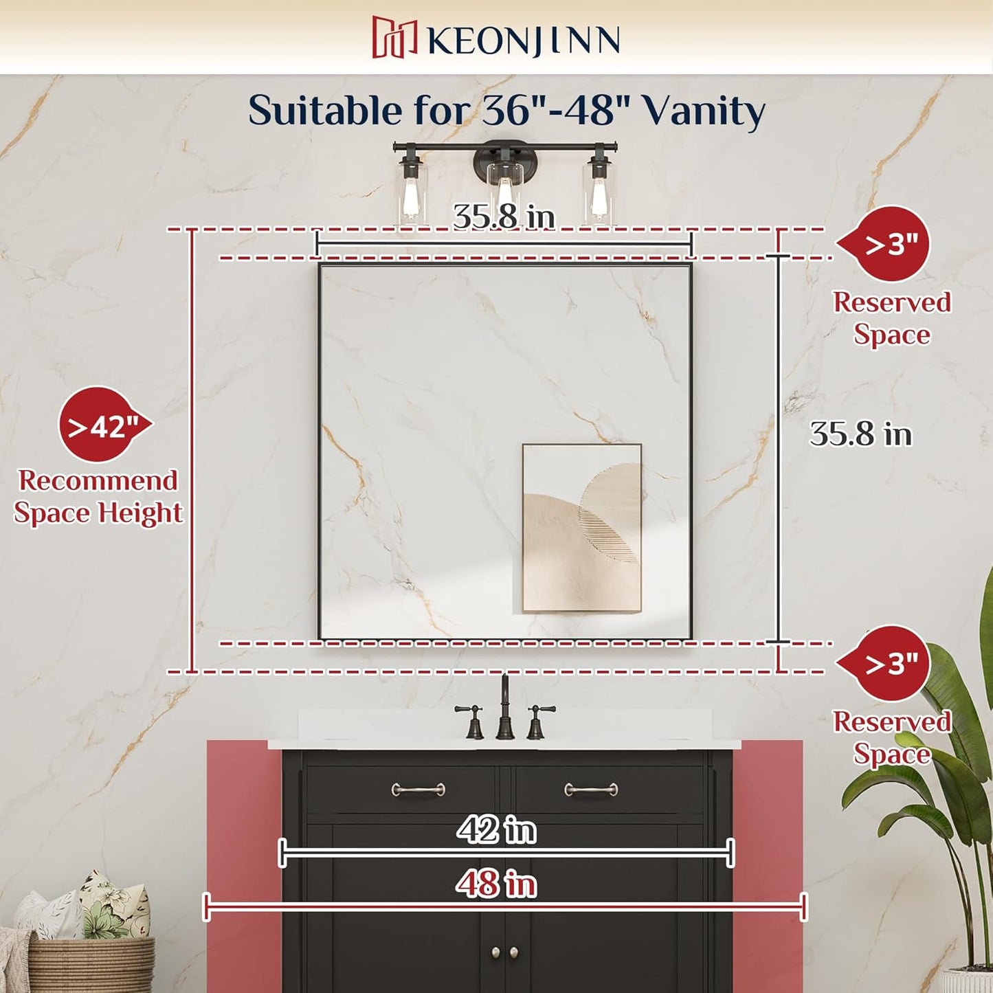 Keonjinn 36 x 36 Inch Black Bathroom Mirror for Over Sink, Matte Black Square Metal Framed Wall Mirror, Modern Farmhouse Rectangle Mirrors with Aluminum Alloy Frame(Horizontal/Vertical)