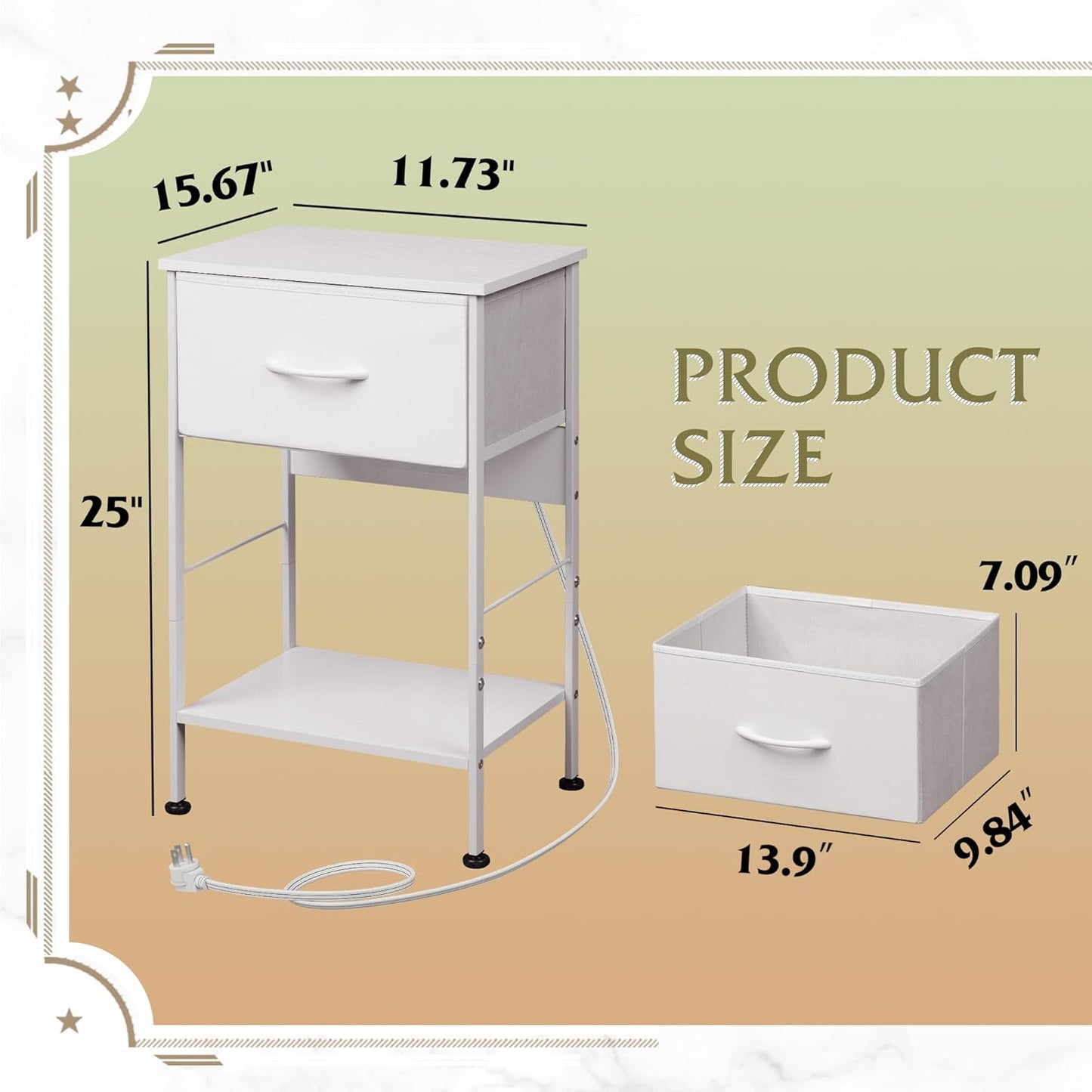 WLIVE Nightstand with Charging Station, 25" H Nightstand with 1 Fabric Drawer and Open Wood Shelf, Bed Side Table for Bedroom, 2-Tier Storage End Table, Small Dresser for Dorm, Entryway, White