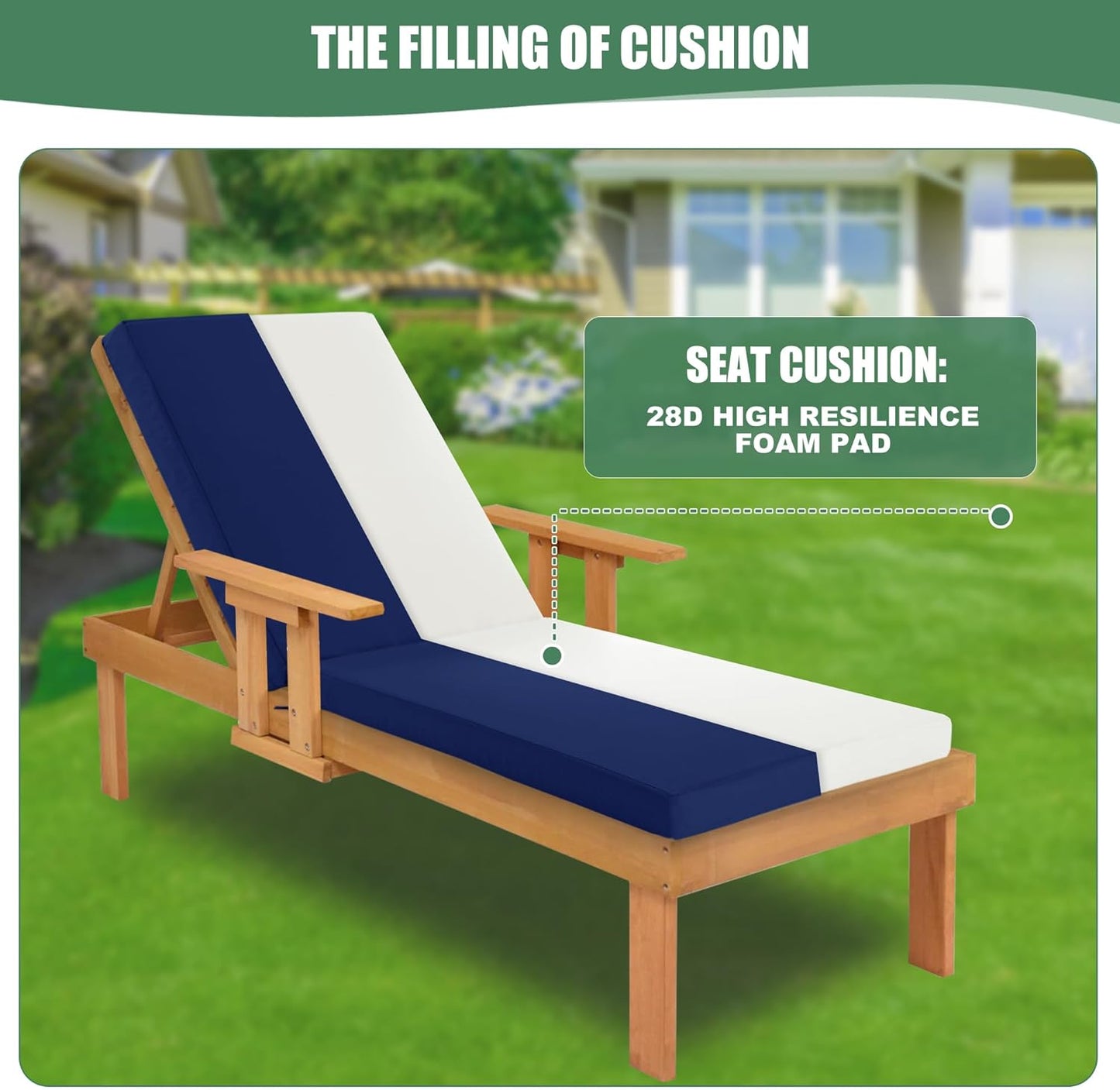 Chaise Lounge Cushions Outdoor Set of 4 - Waterproof and Fade Resistant Sun Lounger Replacement Cushions - Patio Lounger Pads with Removable Cover for Pool, Deck, 80 x 26 x 3 Inch, Navy
