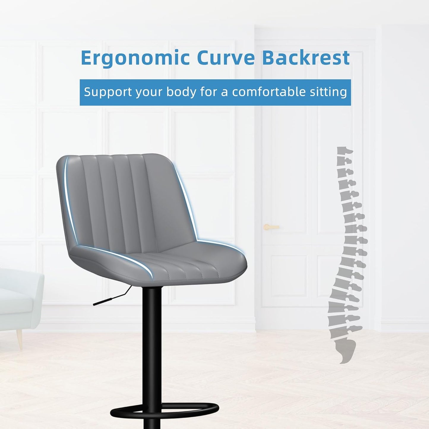 Shintenchi Swivel Bar Stools Set of 4, Adjustable Faux Leather Upholstered Swivel Counter Stools, Armless Bar Height Island Chairs with Back and Footrest, Gray