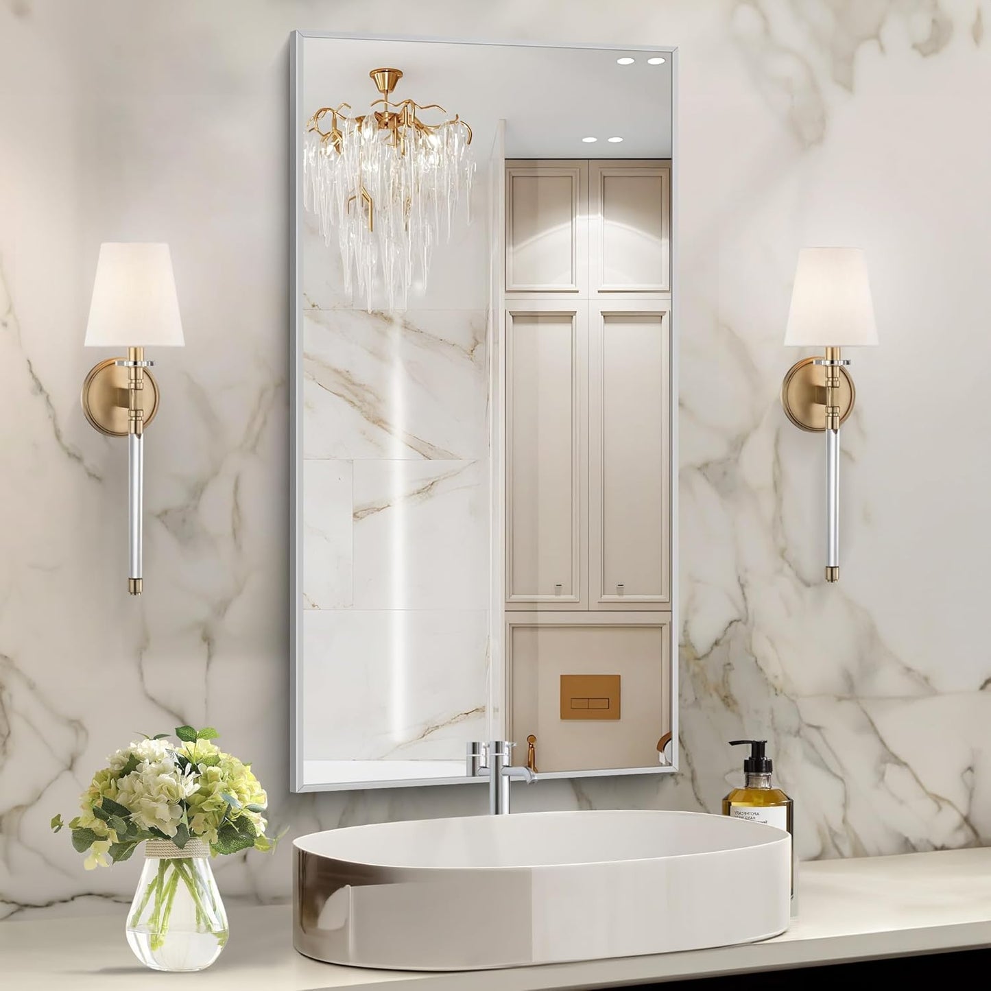 48x24In Silver Bathroom Mirror for Wall, Brushed Nickel Rectangle Mirrors with Metal Frame, Bathroom Rectangular Mirror Modern Wall Mirror for Bedroom Living Room, Hangs Horizontal or Vertical