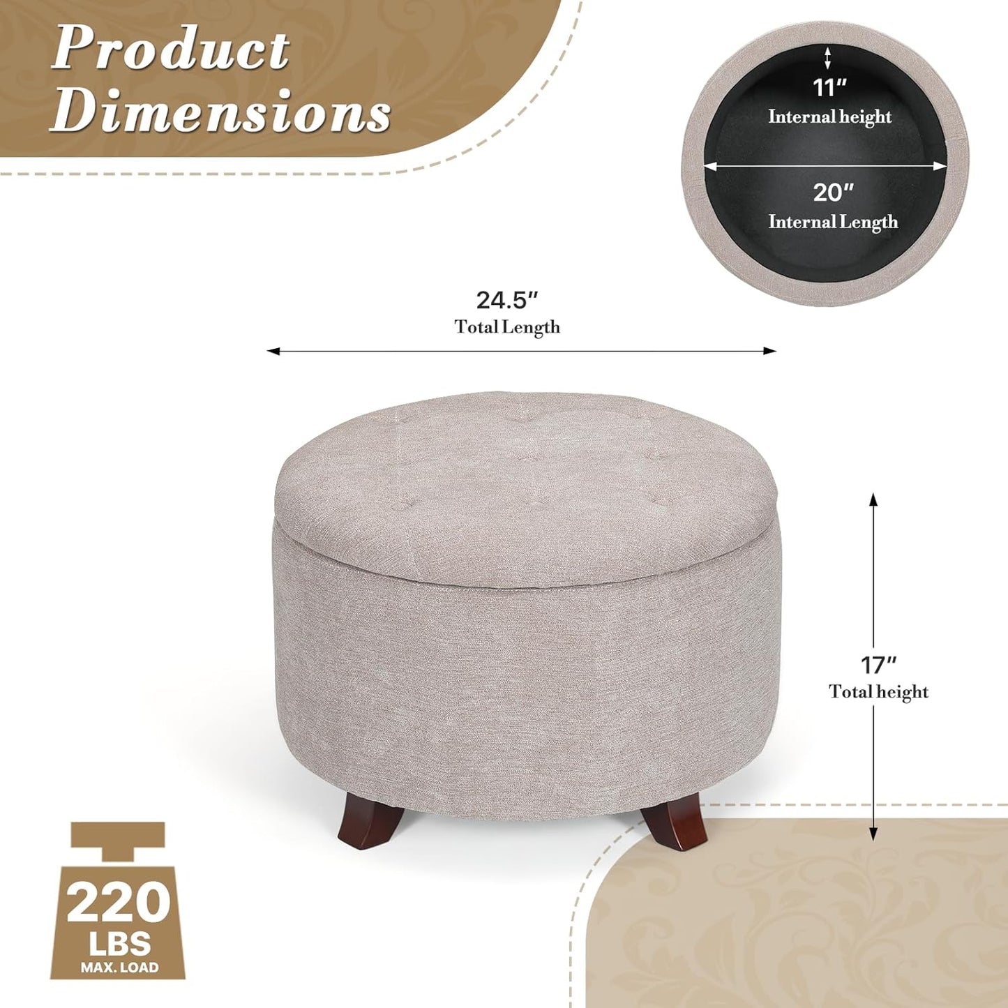 Athena Collection 24.5 Inch Small Ottoman with Storage, Round Linen Fabric Storage Ottoman Foot Rest with Removable Lid, Multipurpose Footstool Footrest for Livingroom, Bedroom, Dorm, Beige