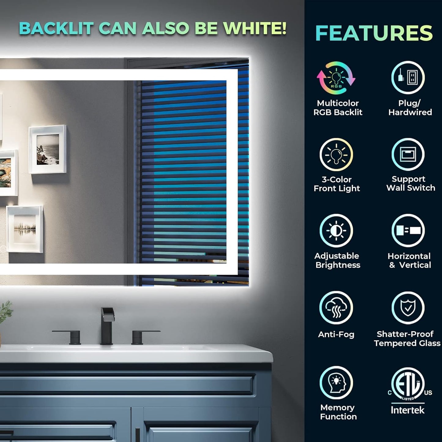 24x32 Inch RGB LED Bathroom Mirror Front Light and RGB Backlit Lighted Vanity Mirror for Bathroom Wall Mounted Dimmable Anti Fog Memory Shatter-Proof IP54 Waterproof Horizontal/Vertical