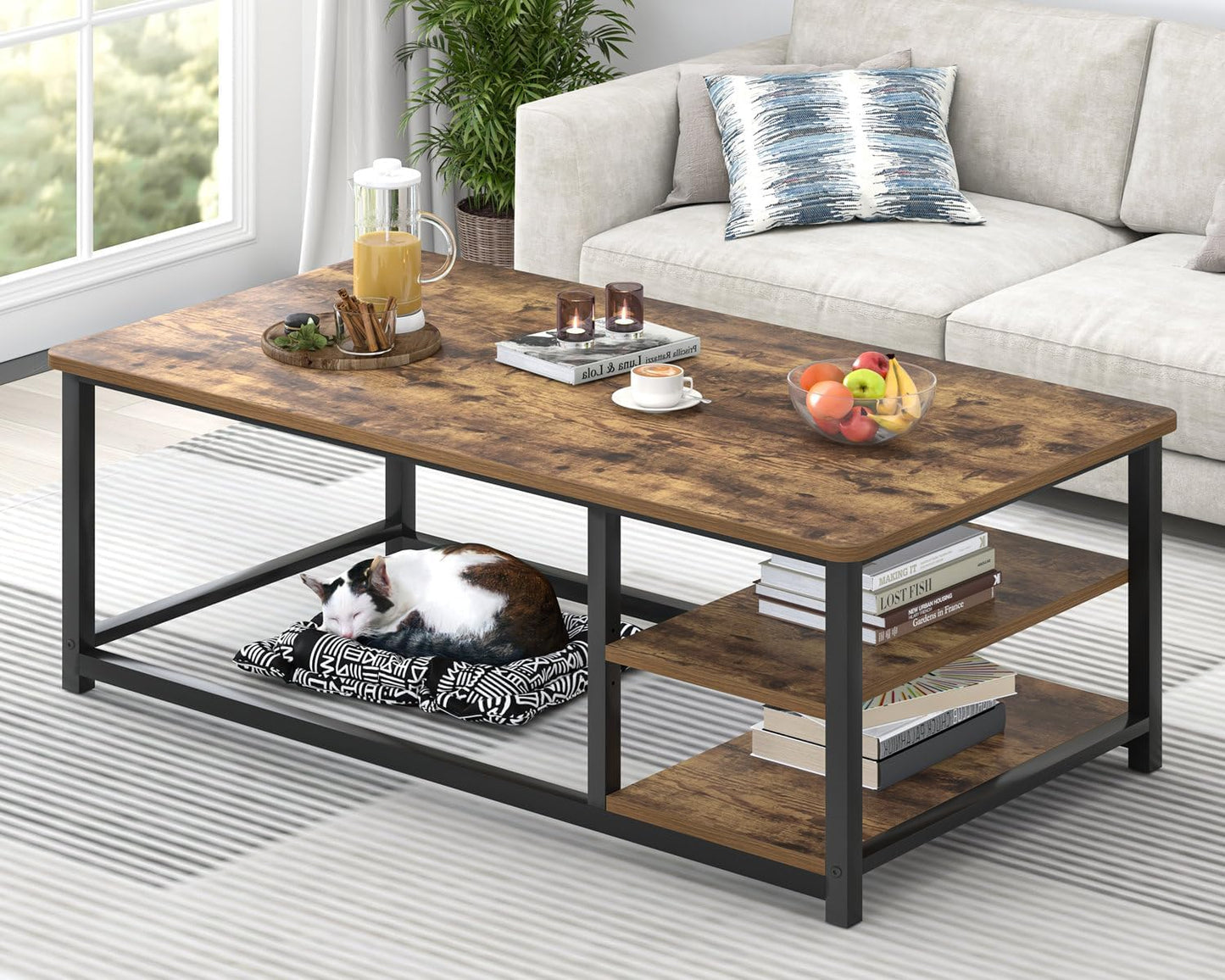 EXCEFUR Modern Coffee Table, Rustic Wood and Metal Living Room Table with Storage Shelf, Industrial Brown, 47 Inch