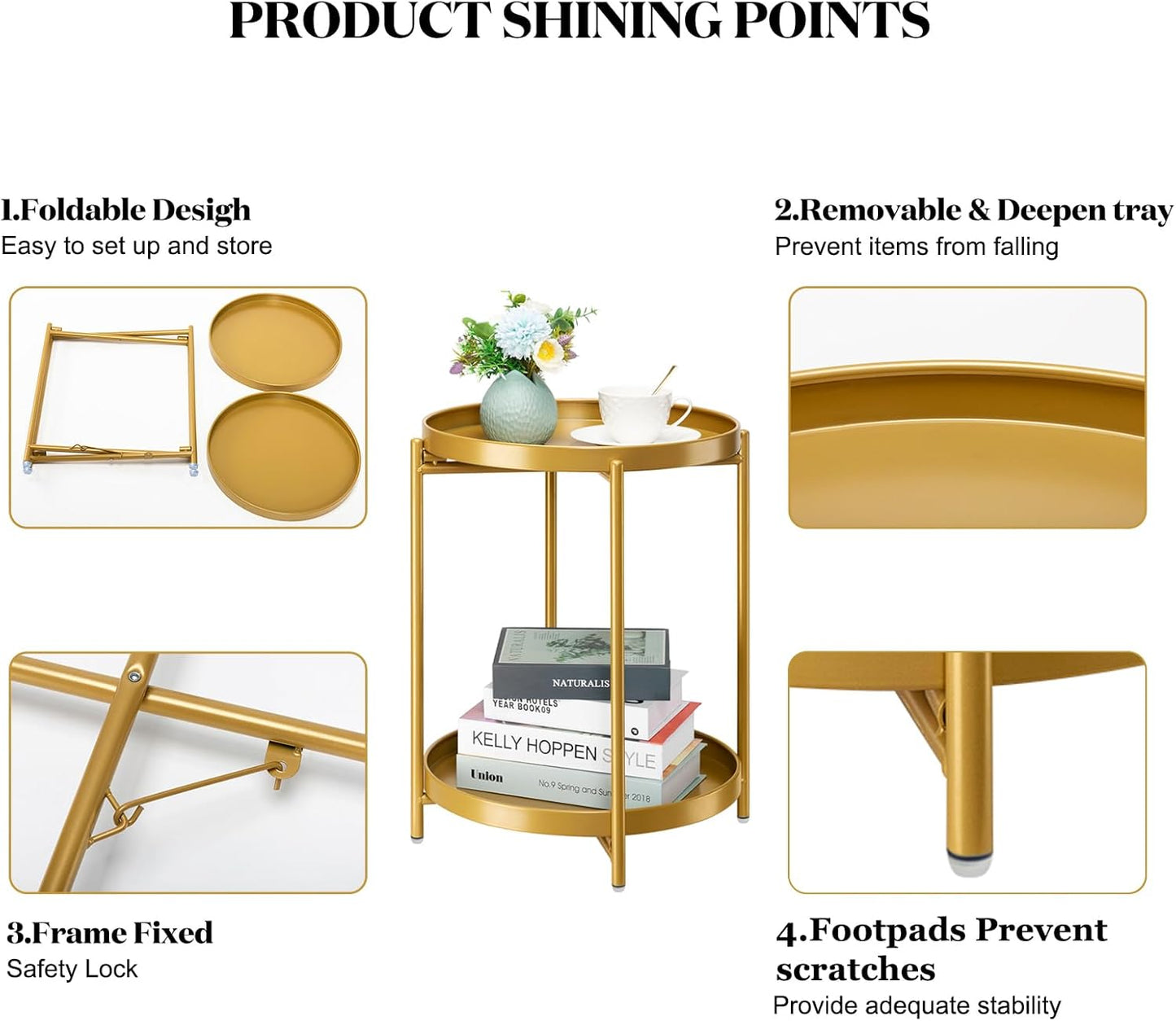 danpinera 2-Tier End Table, Outdoor Side Table, Metal Round Desk with Removable Tray, Small Folding Accent Desk, Anti-Rust Nightstand for Bedroom Balcony Patio Living Room, Set of 2 (Gold)