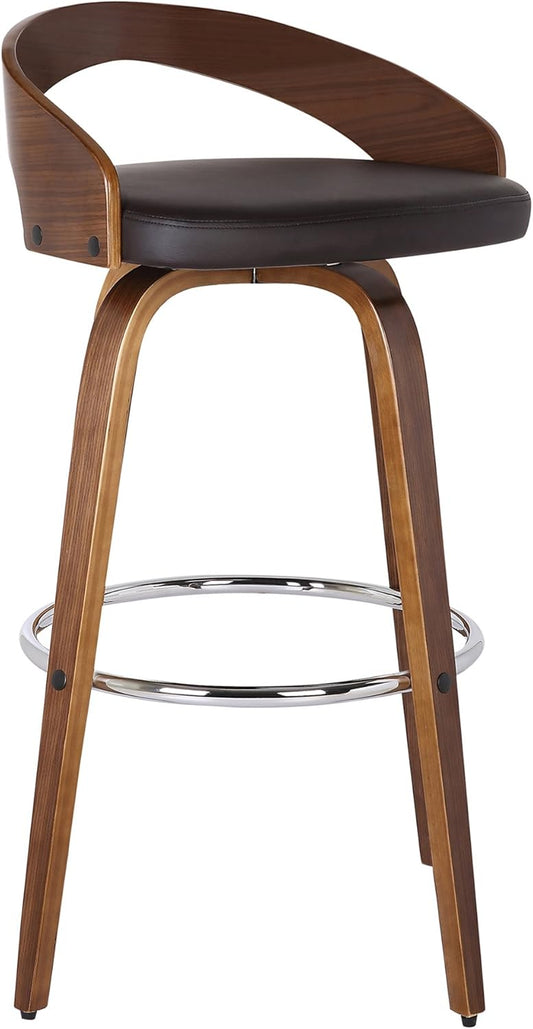 Armen Living Sonia 26" Seat Height Mid Century Modern Swivel Bar Stool for Kitchen Island Counter in Brown Faux Leather and Walnut Wood