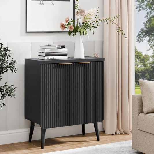 23.6" Sideboard Cabinet with 2 Doors, Modern Buffet Cabinet with Adjustable Shelf, Dining Room Sideboard, Fluted Buffet Sideboard for Living Room, Hallway, Entryway, Black