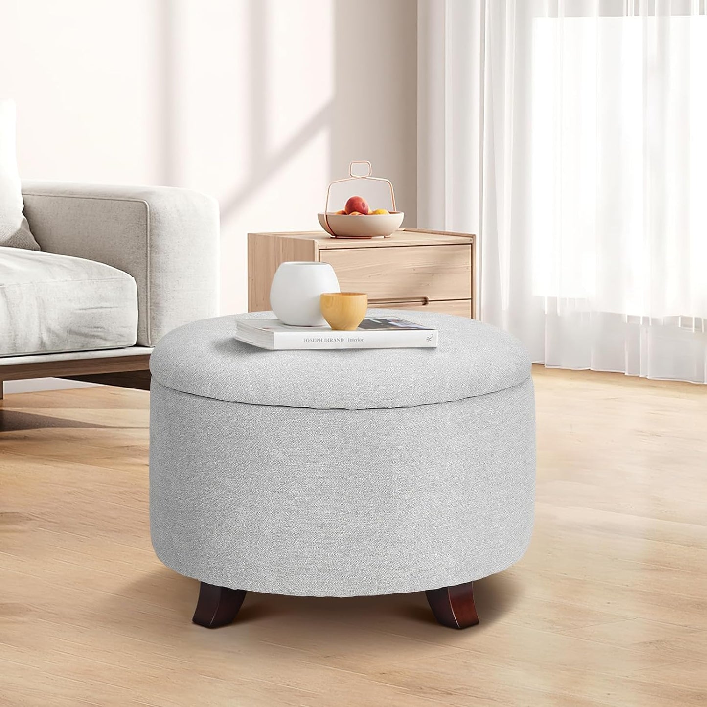 Athena Collection 24.5 Inch Small Ottoman with Storage, Round Linen Fabric Storage Ottoman Foot Rest with Removable Lid, Multipurpose Footstool Footrest for Livingroom, Bedroom, Dorm, Grey