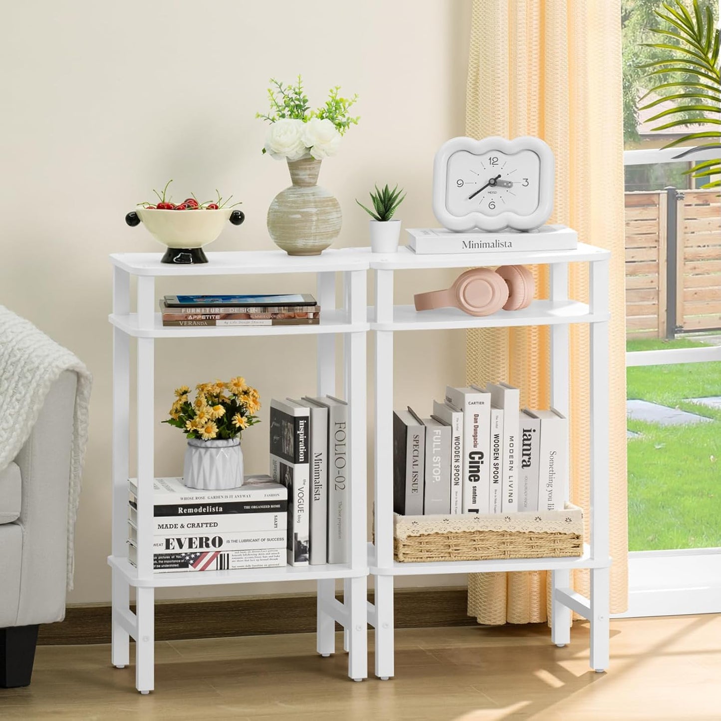 28in Tall Side Table Set of 2, 3-Tier Small Narrow End Table for Couch, Skinny Nightstand for Small Space, Farmhouse Slim Night Stand with Storage, Wooden Frame Thin Bedside Table, White