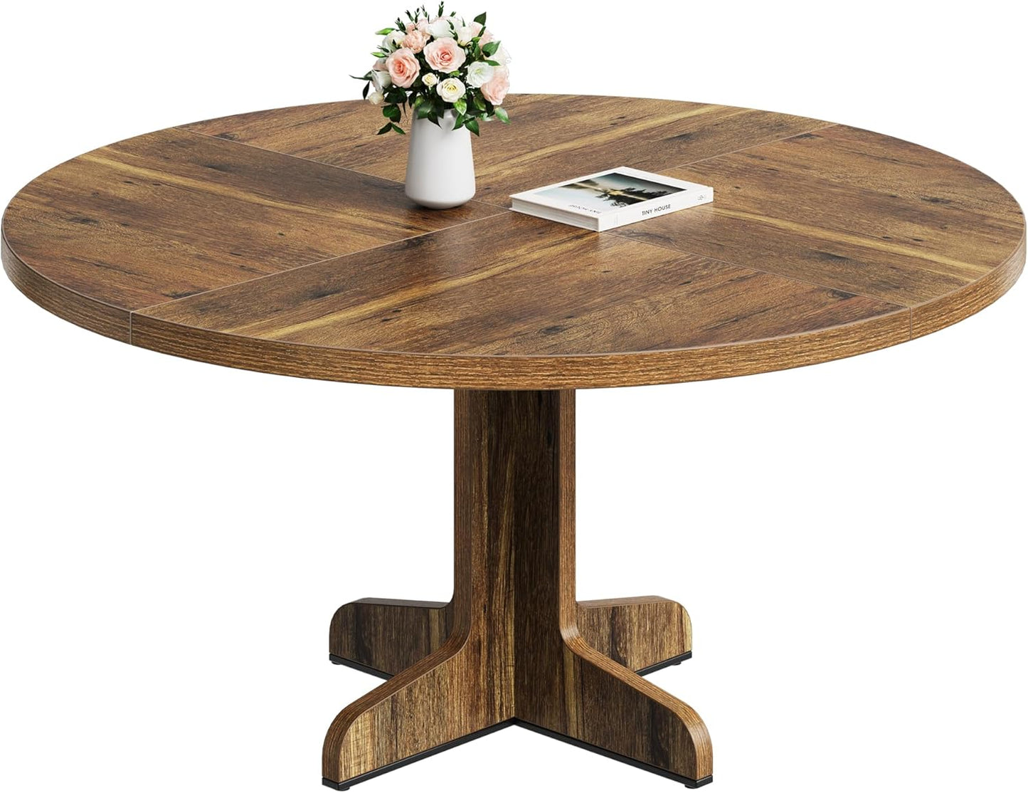 GarveeHome Round Dining Table for 4, 47 Inch Farmhouse Circle Kitchen Table with Wood Tabletop and Stable Base, for Home Dining Room Living Room, Brown (Only Table)