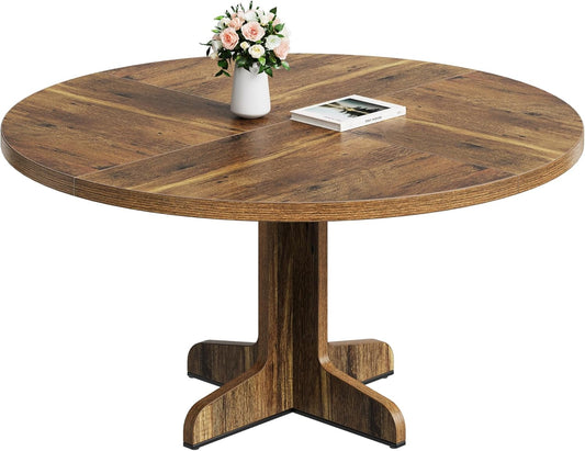 GarveeHome Round Dining Table for 4, 47 Inch Farmhouse Circle Kitchen Table with Wood Tabletop and Stable Base, for Home Dining Room Living Room, Brown (Only Table)
