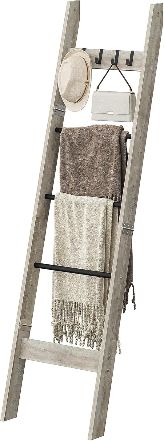 Blanket Ladder for Living Room, Decorative Quilt Rack with 4 Removable Hooks, 5-Tier Farmhouse Ladder Holder Shelf Organizer for Bedroom, Greige and Black BR02105B