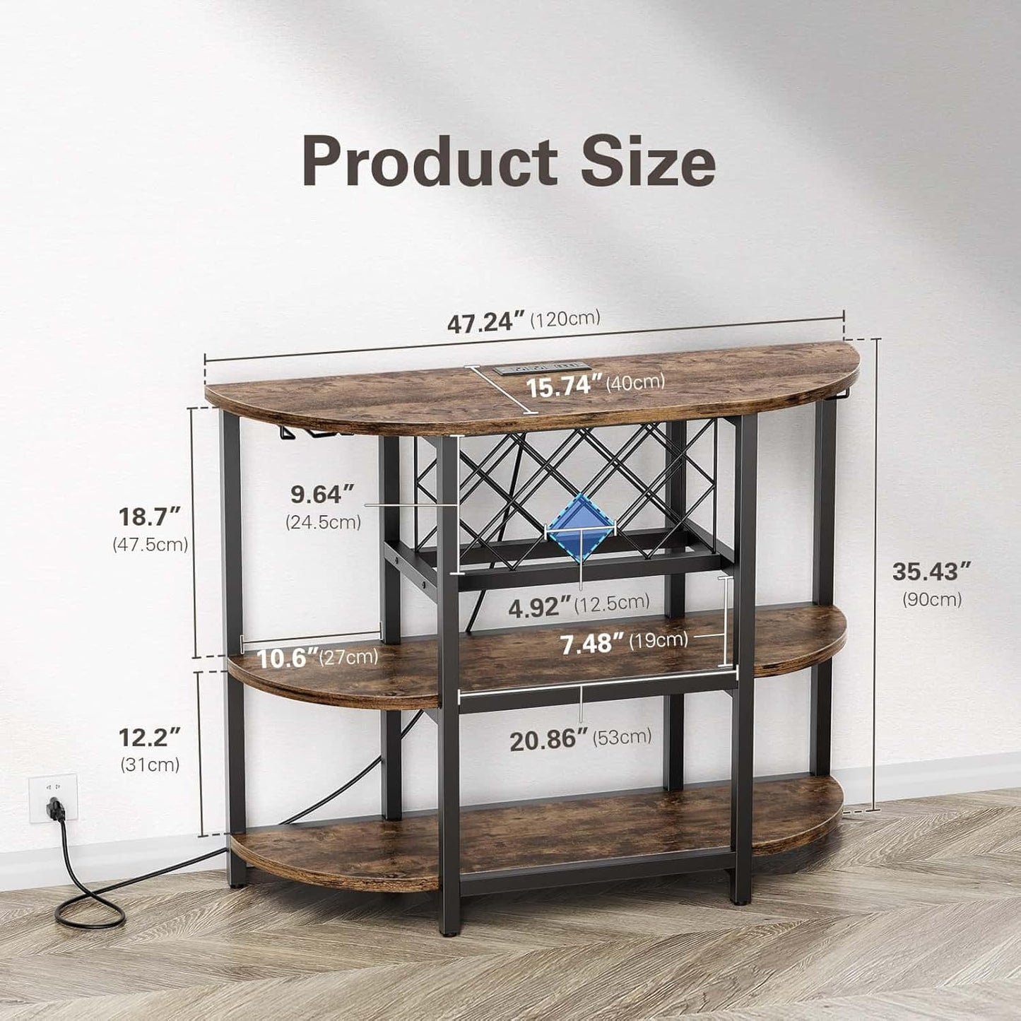Zarler Bar Cart with Power Outlet Easy to Assemble, LED Home Bar Cabinet for Liquor, 47.3" L x 15.8" D x 36" H Metal Mini Bar Table with 4-Tier Storage, Brown