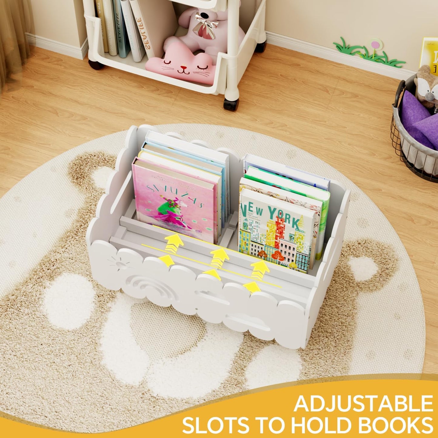 Wood Kids Bookshelf, Montessori Bookshelf, With 2 Adjustable Dividers, Suitable Kids Rooms, Nursery & Classroom, Kids Bookshelf And Toy Storage, Toddler Book Rack, Nursery Book Shelves, (White) big