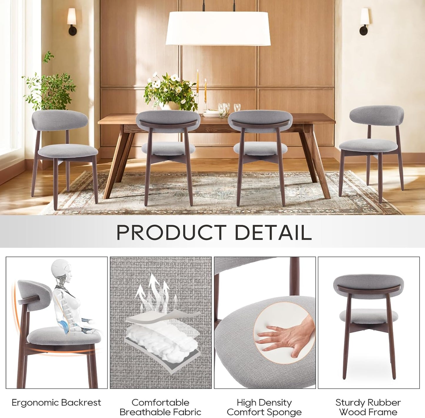 COLAMY Wooden Dining Chairs Set of 4, Modern Fabric Upholstered Kitchen Chairs, Farmhouse Dining Room Chair with Foot Pegs, Light Grey