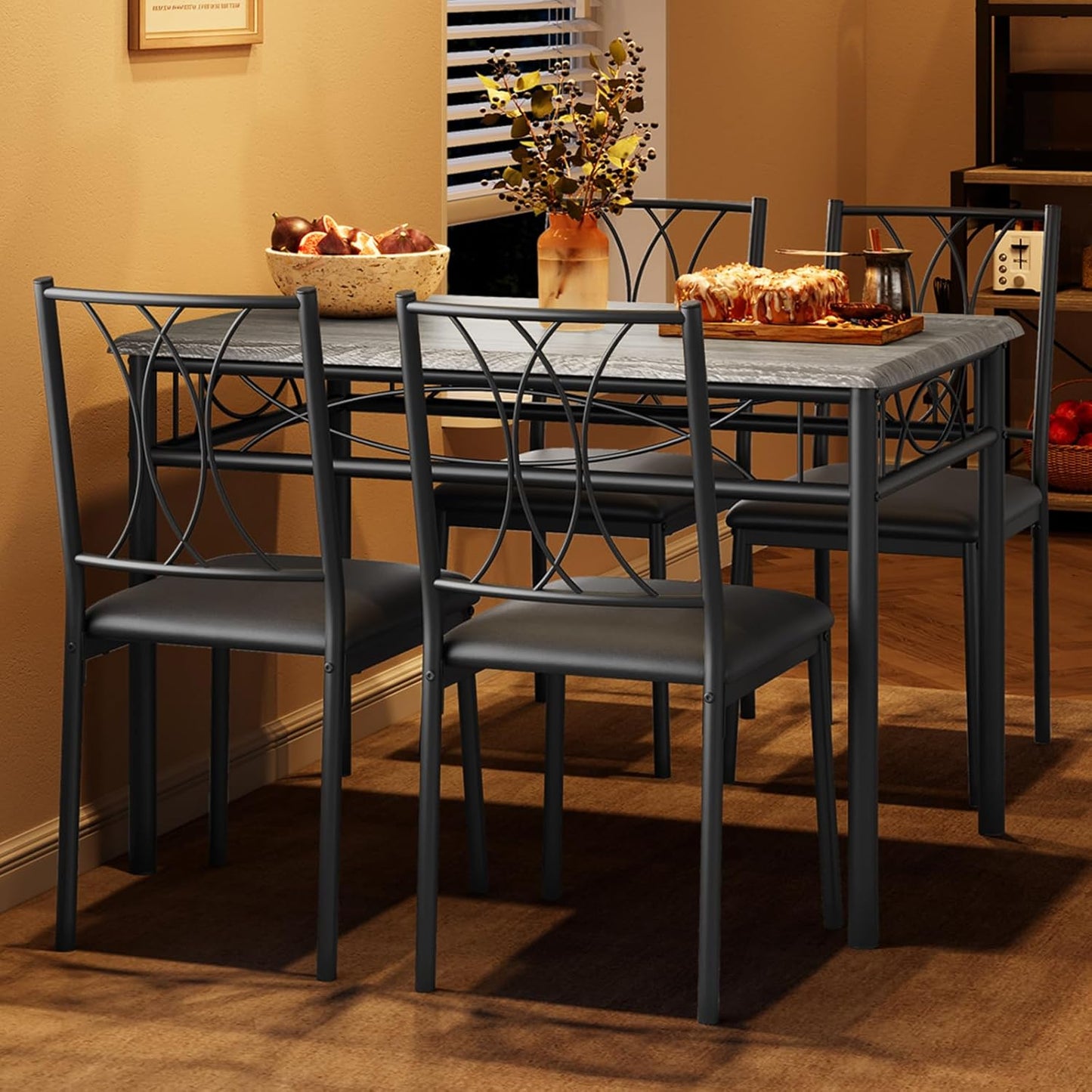 GAOMON Dining Table Set for 4, Rectangle Kitchen Table with 4 Upholstered Chairs Set for 4, 5-Piece Compact Apartment Kitchen & Dining Room Set Furniture for Small Spaces, Space-Saving, Rustic Gray